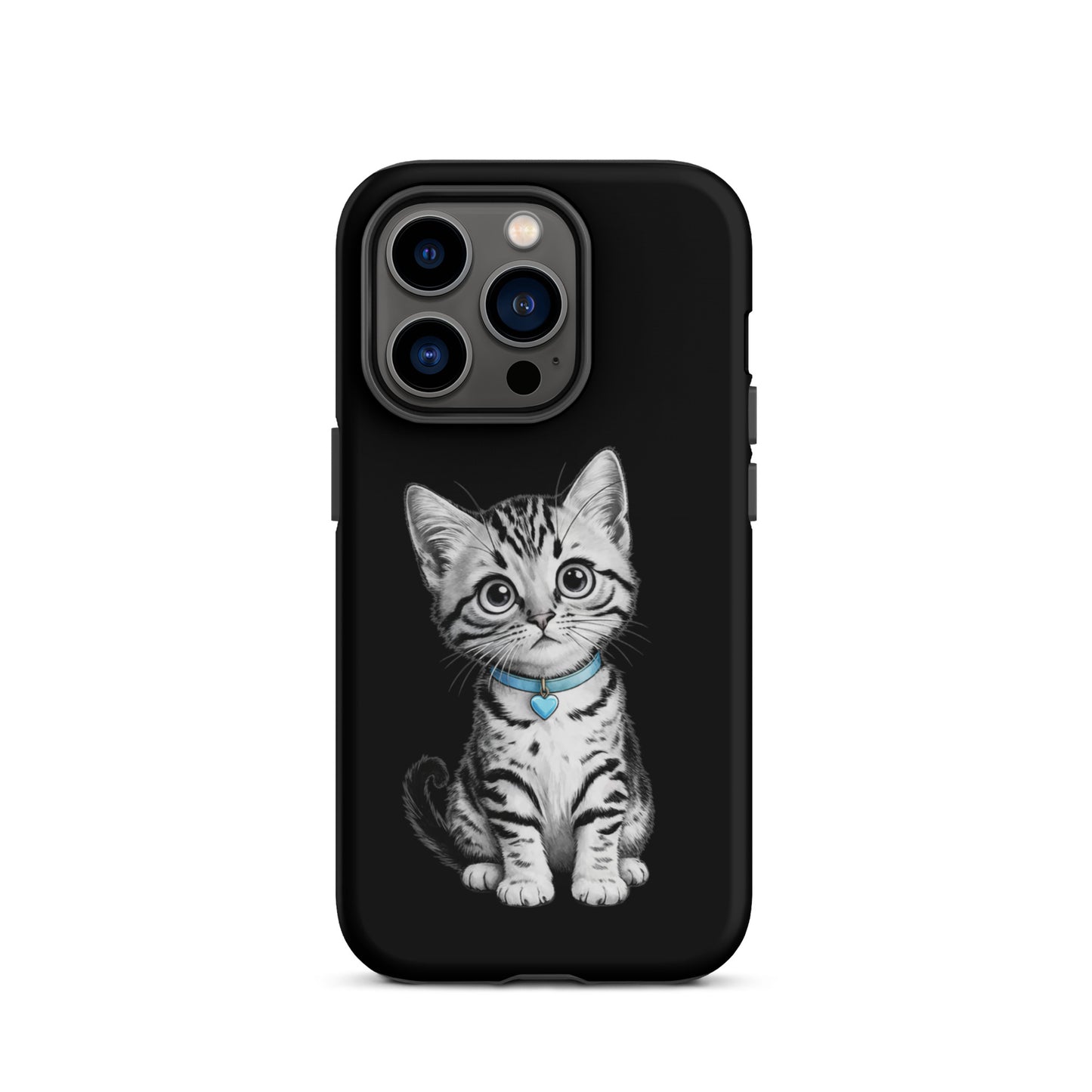 Phone Case for iPhone with kitten sketch and blue heart charm on black background