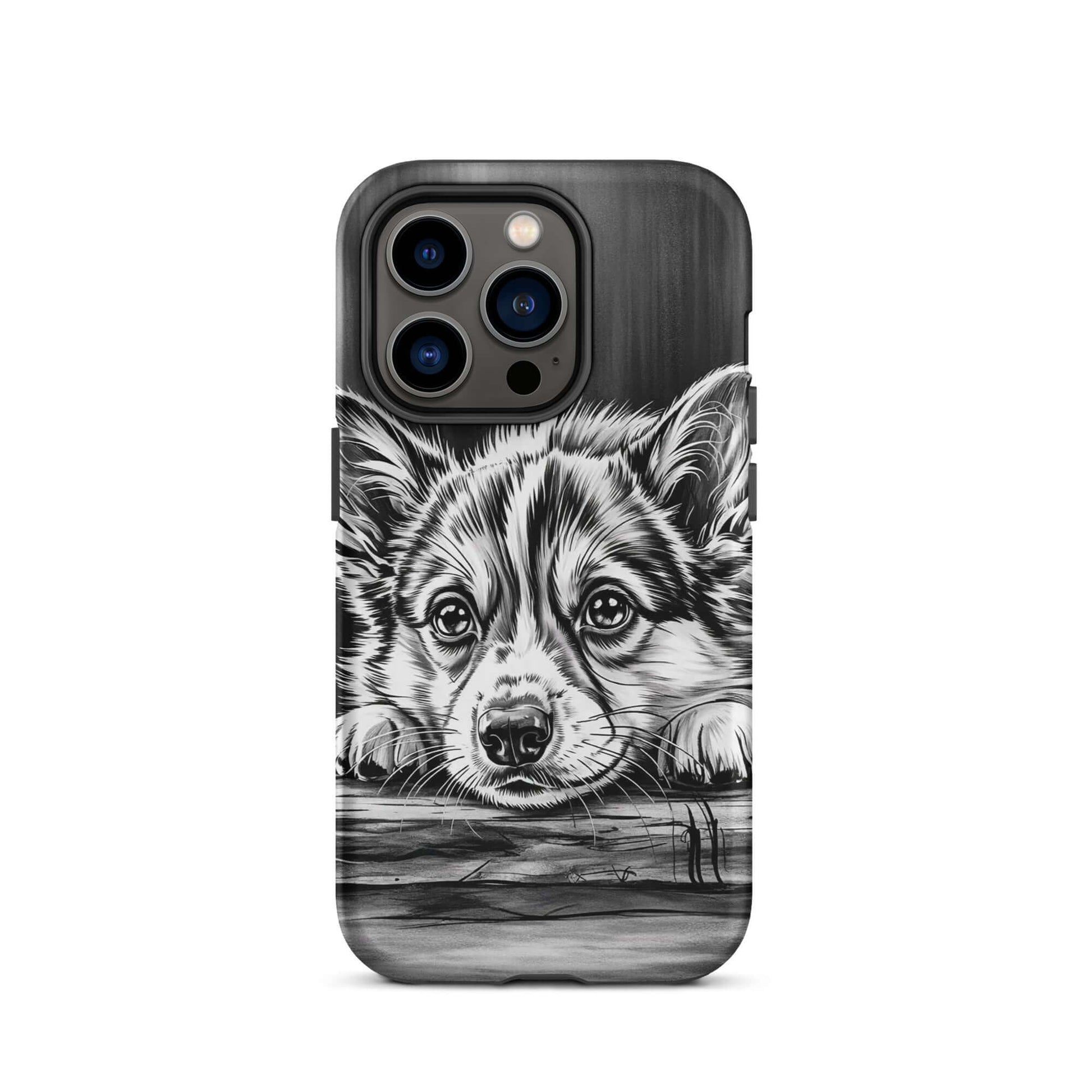 Phone Case for iPhone with Elegant Puppy Art, featuring a monochrome illustration of a puppy on aged wood, showcasing luxury and protection.