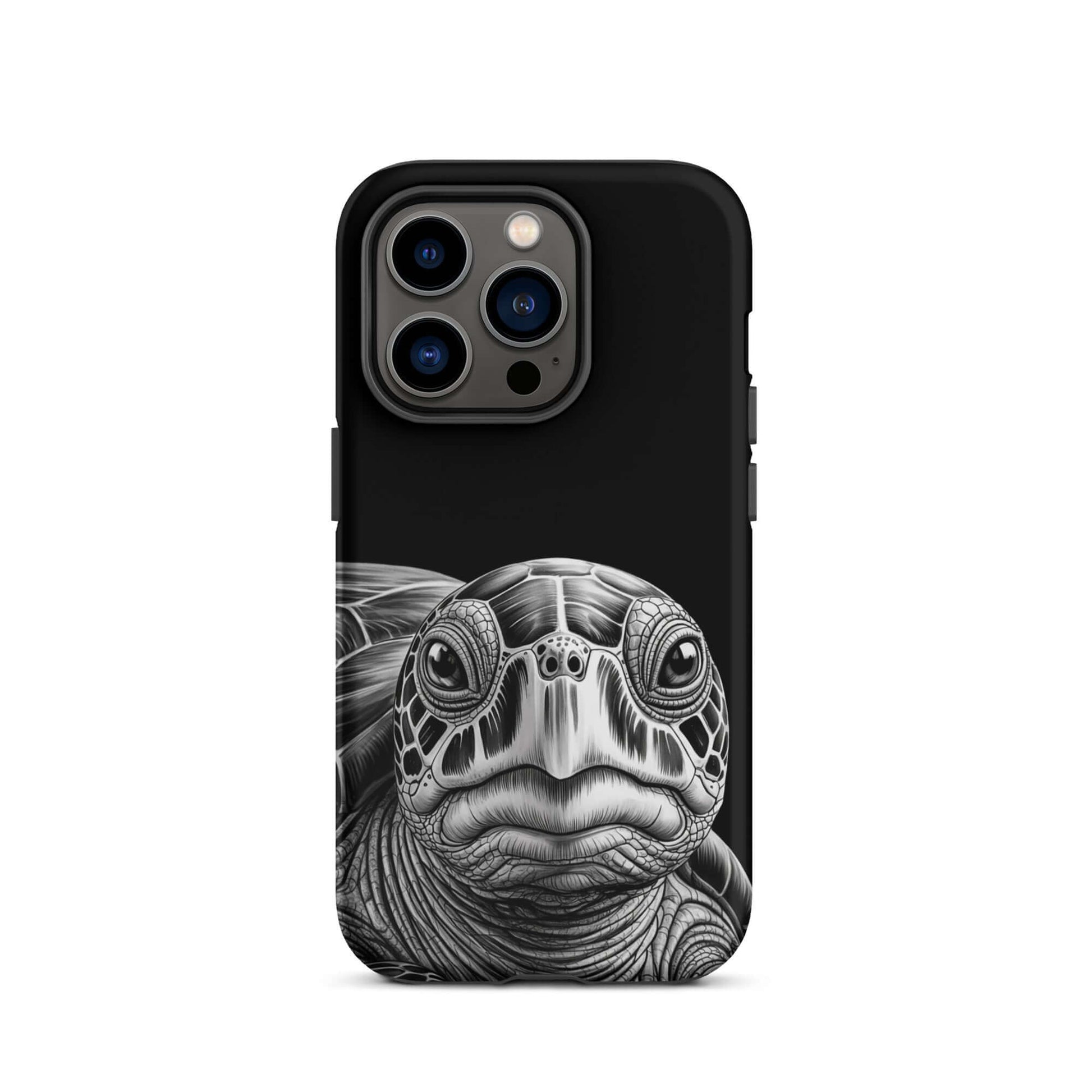 Phone Case with ancient sea turtle art in black and white, capturing intricate shell patterns and soulful gaze for iPhone protection.