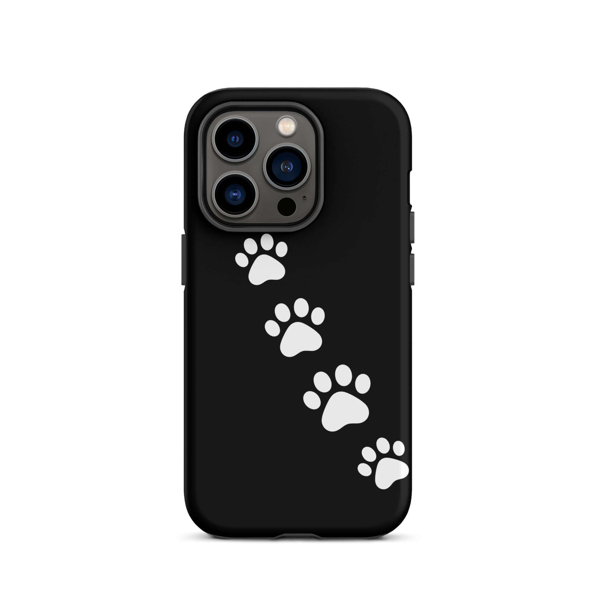 Phone case with paw-print trail design for playful pet lovers, featuring white paw prints on a sleek black background.