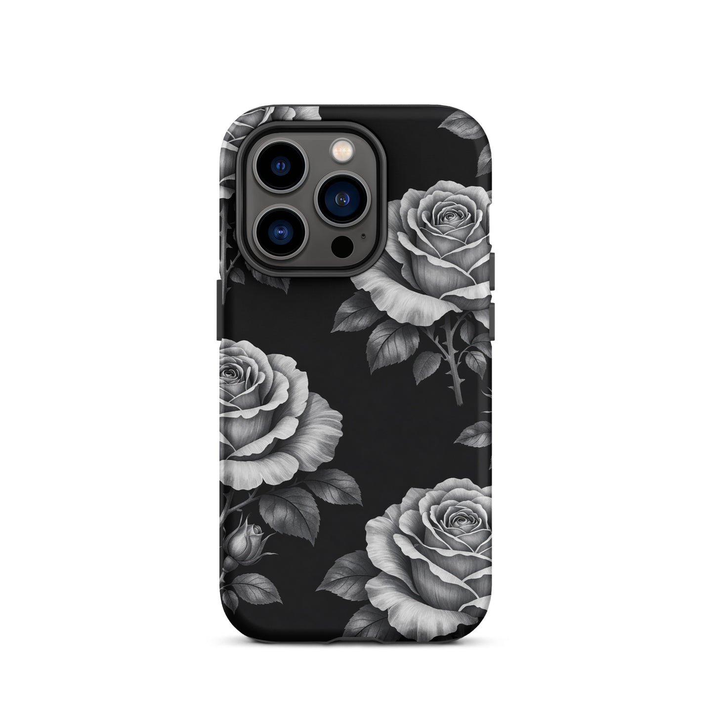 Phone Case for iPhone with rose garden design, black background, floral charm, rose pattern, tough case, pencil stencil style.