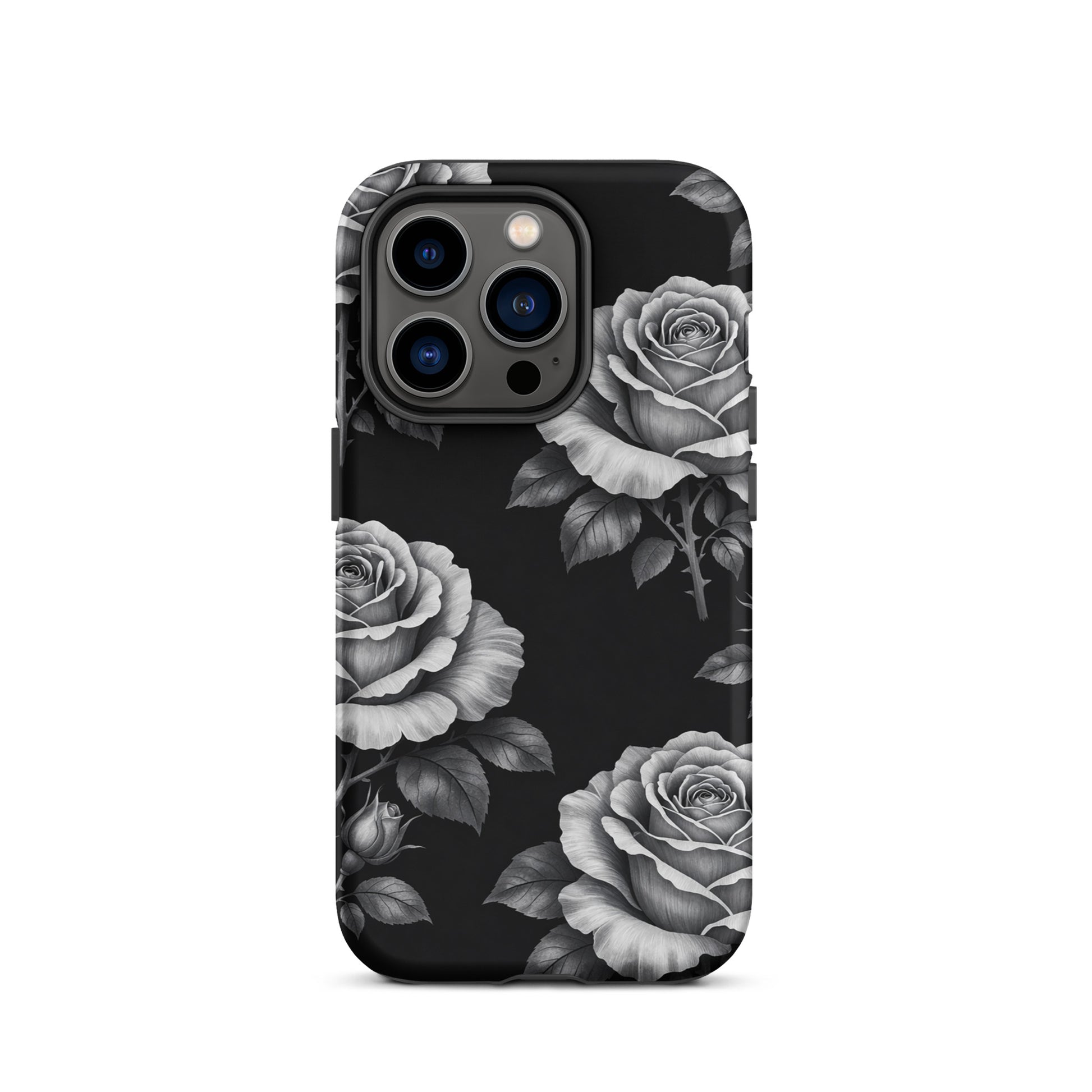 Phone Case for iPhone with rose garden design, black background, floral charm, rose pattern, tough case, pencil stencil style.