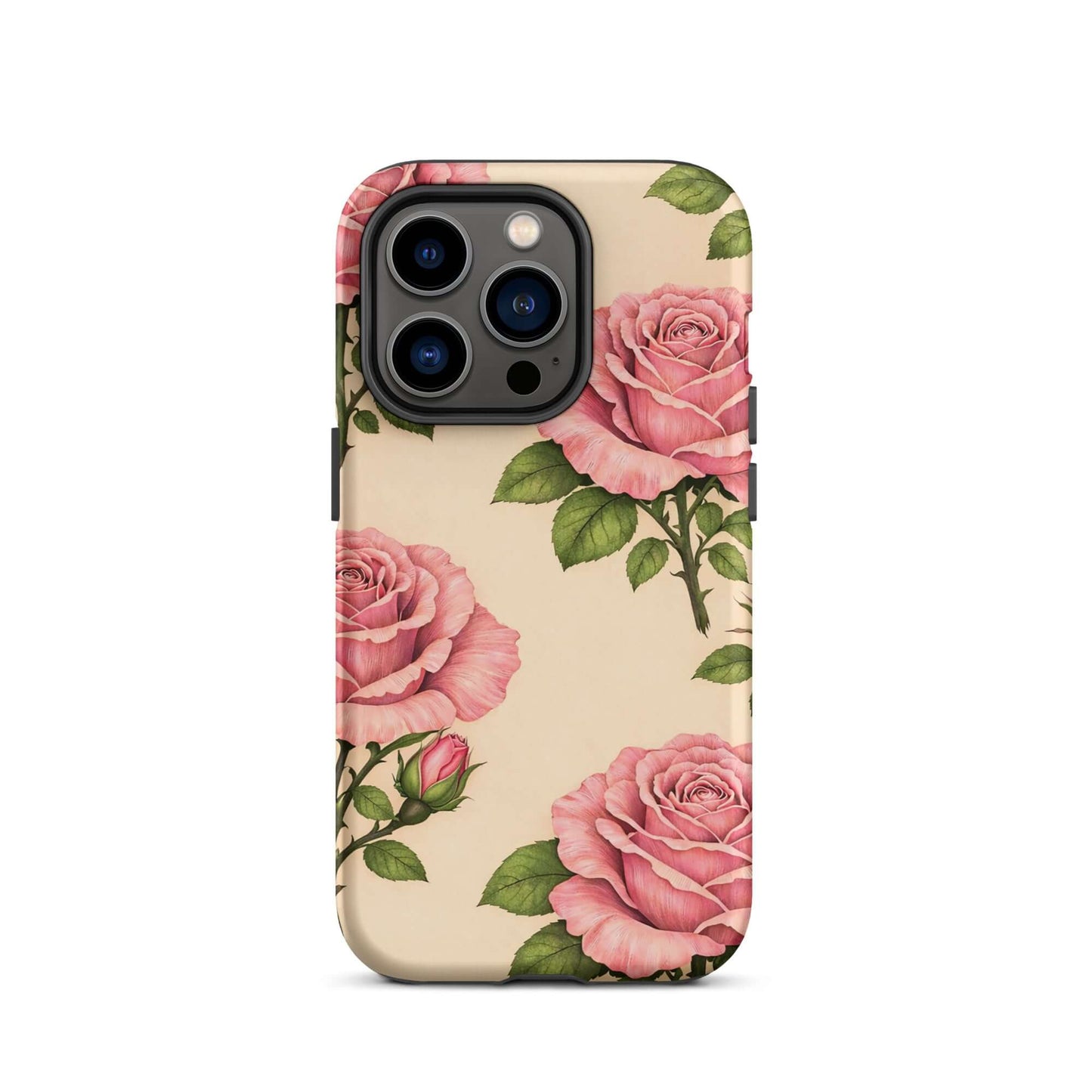 Phone Case featuring pink roses and buds on a warm cream background, perfect for iPhone, blending floral beauty with protection.
