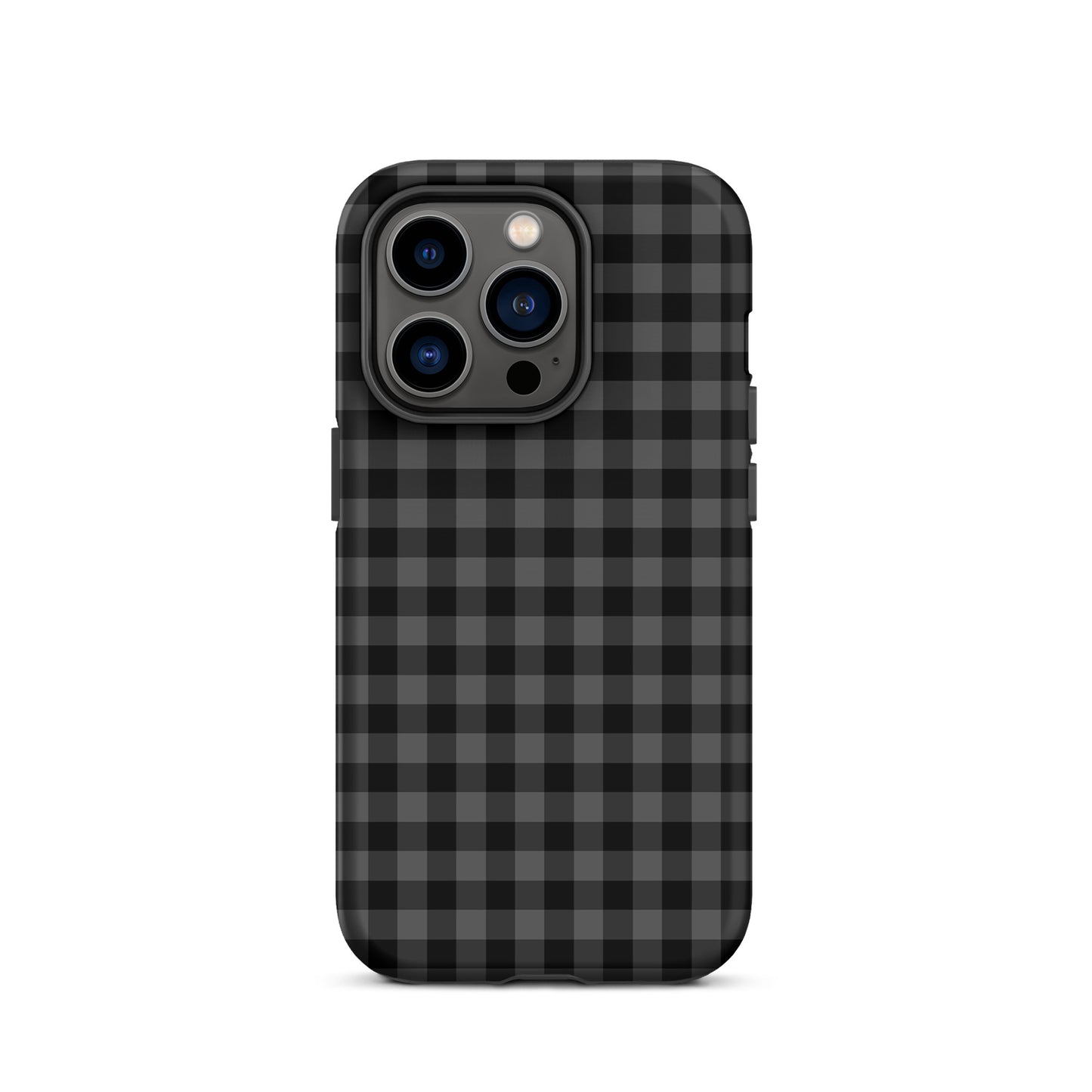 Phone Case for iPhone with black-and-charcoal gingham pattern, offering modern style and protection.