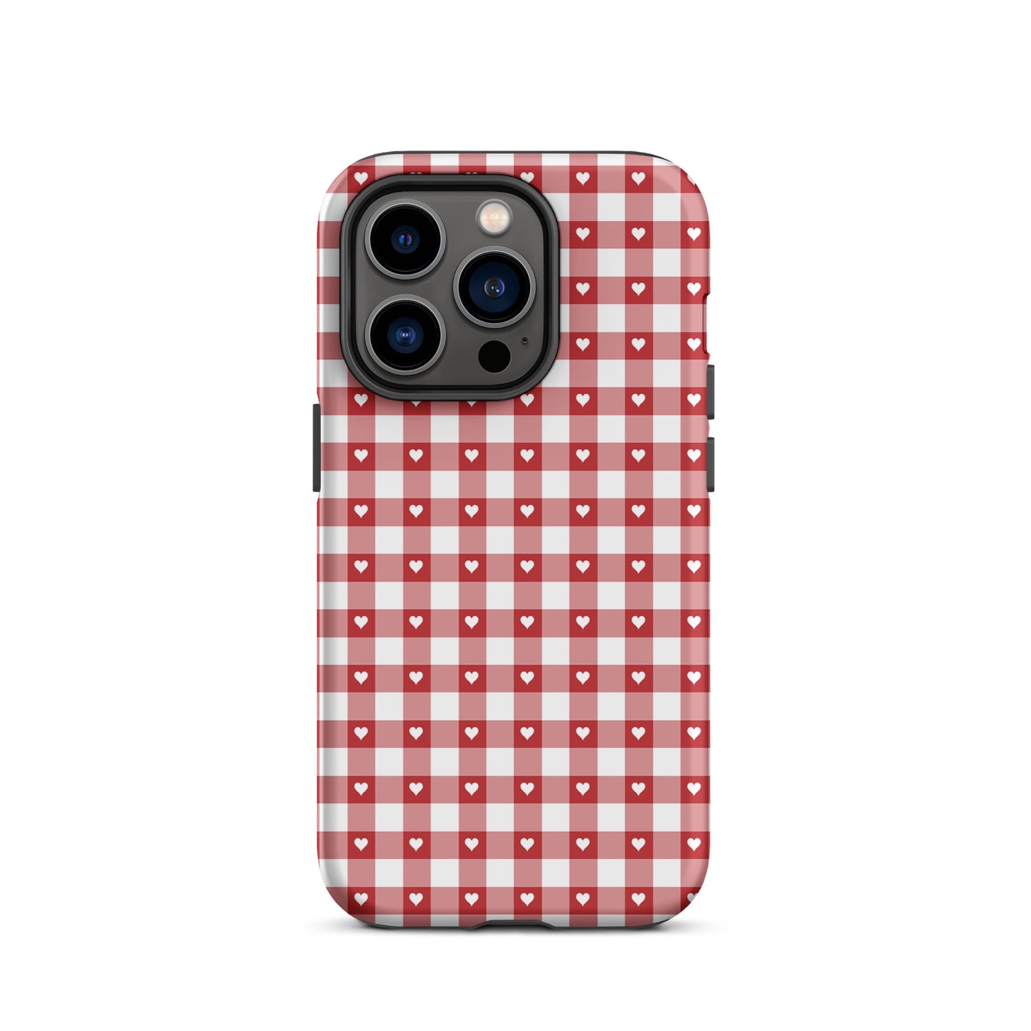 Phone Case for iPhone with red-and-white gingham pattern and white hearts, offering chic style and durable protection.