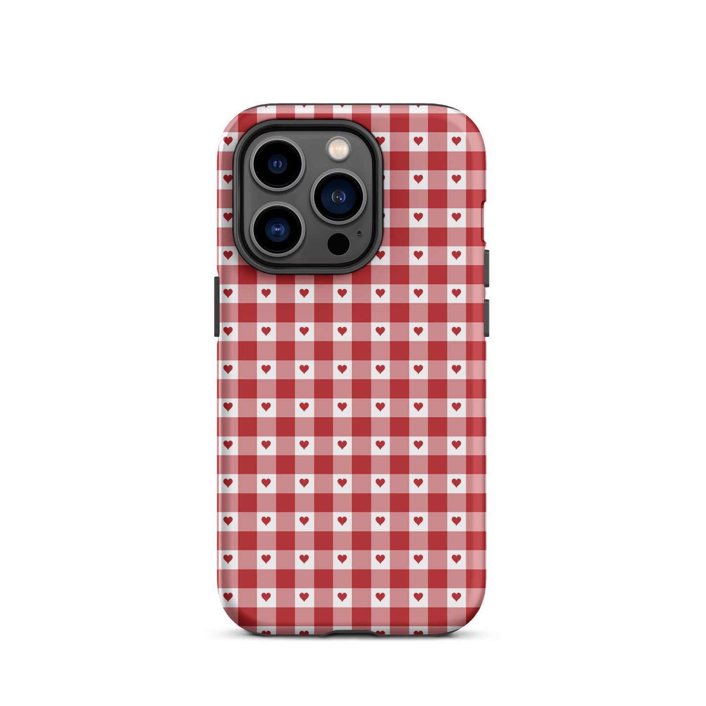 Phone Case with red-and-white gingham heart pattern for iPhone, stylish and protective design for everyday use.
