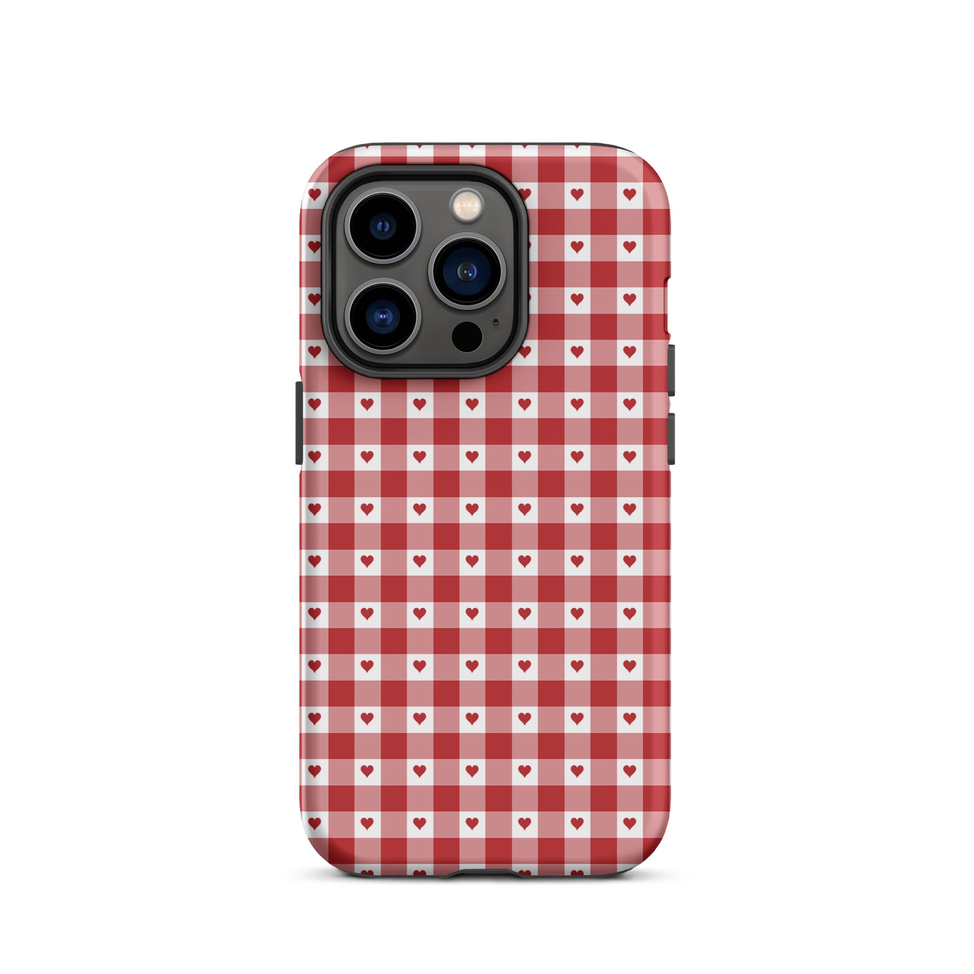 Phone Case with red-and-white gingham heart pattern for iPhone, stylish and protective design for everyday use.