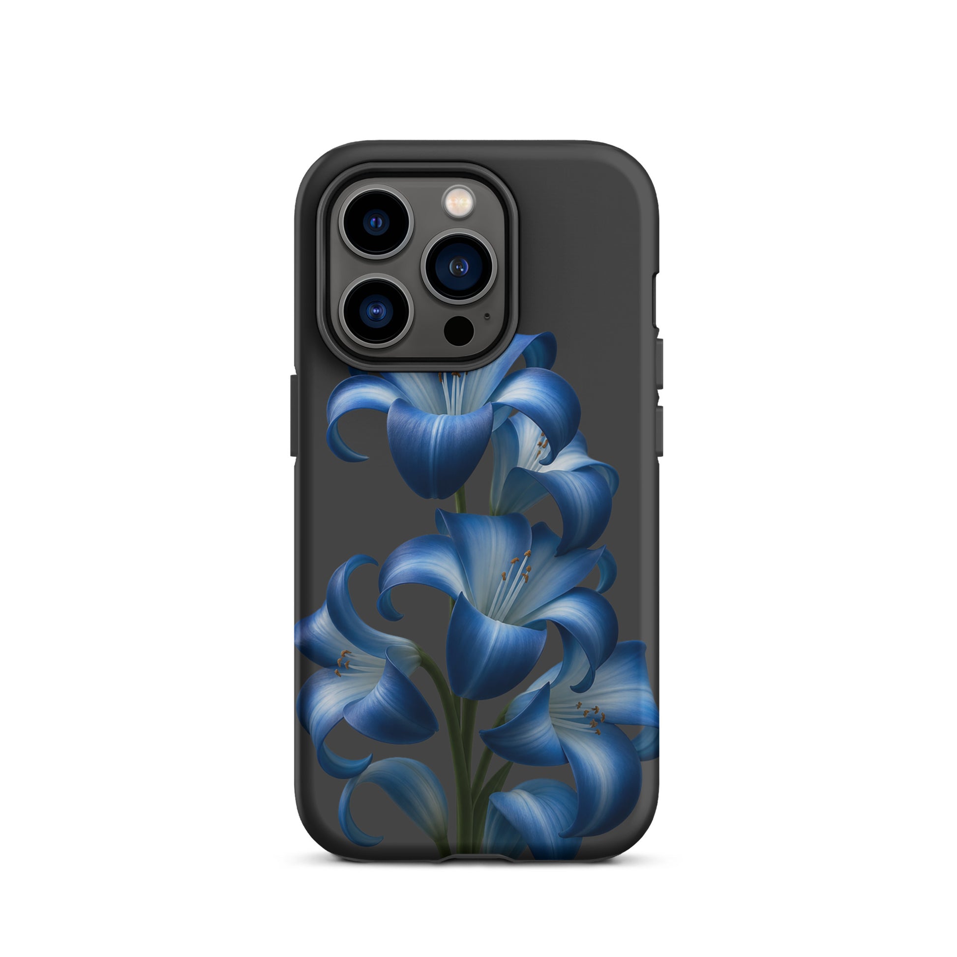 Phone Case for iPhone featuring blue lily bloom art on a dark backdrop with a tough finish, offering style and protection.