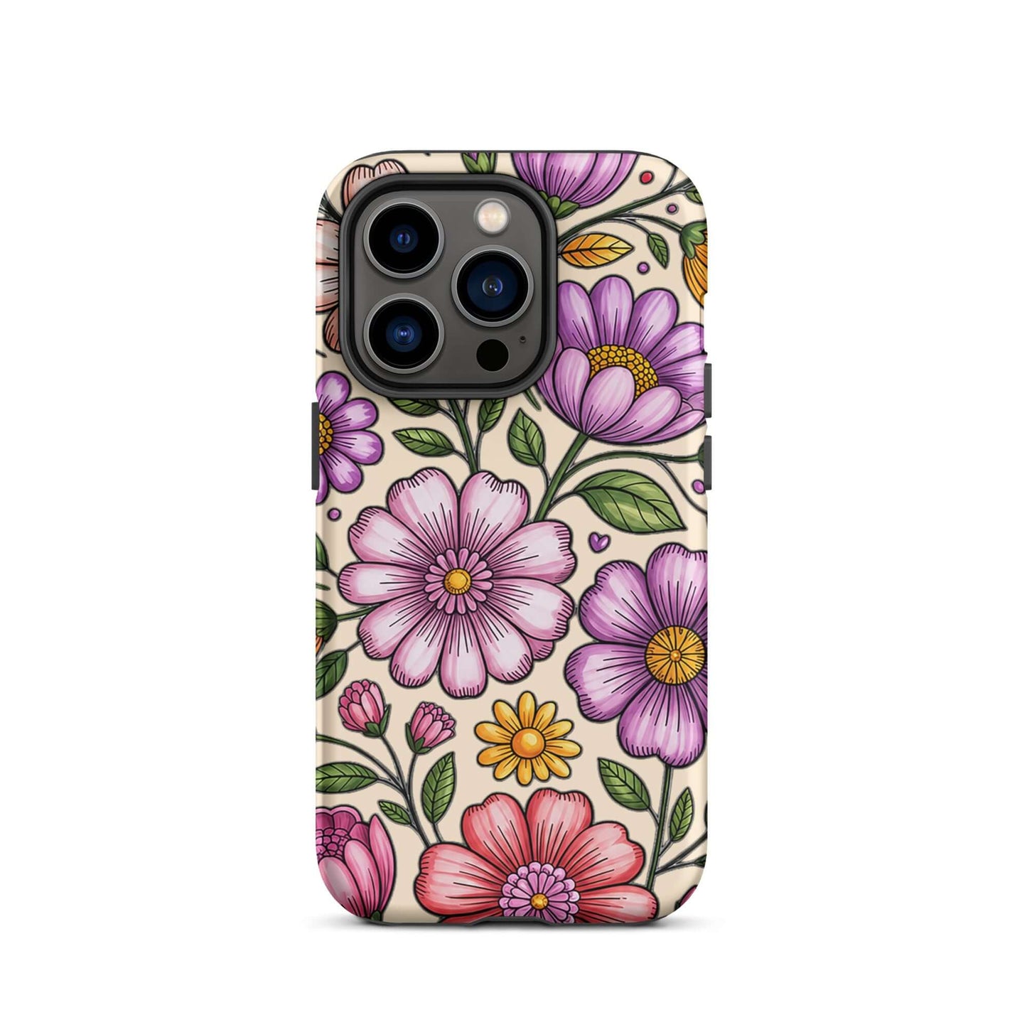 Phone Case for iPhone with pastel floral design featuring pink, lavender, peach, and yellow flowers on a sturdy polycarbonate shell.
