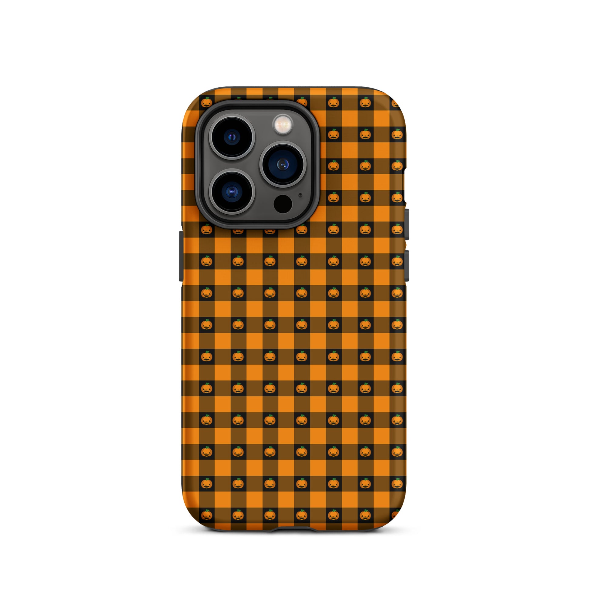 Phone Case for iPhone with playful pumpkin gingham Halloween design featuring jack-o’-lantern faces on a bold patterned background.