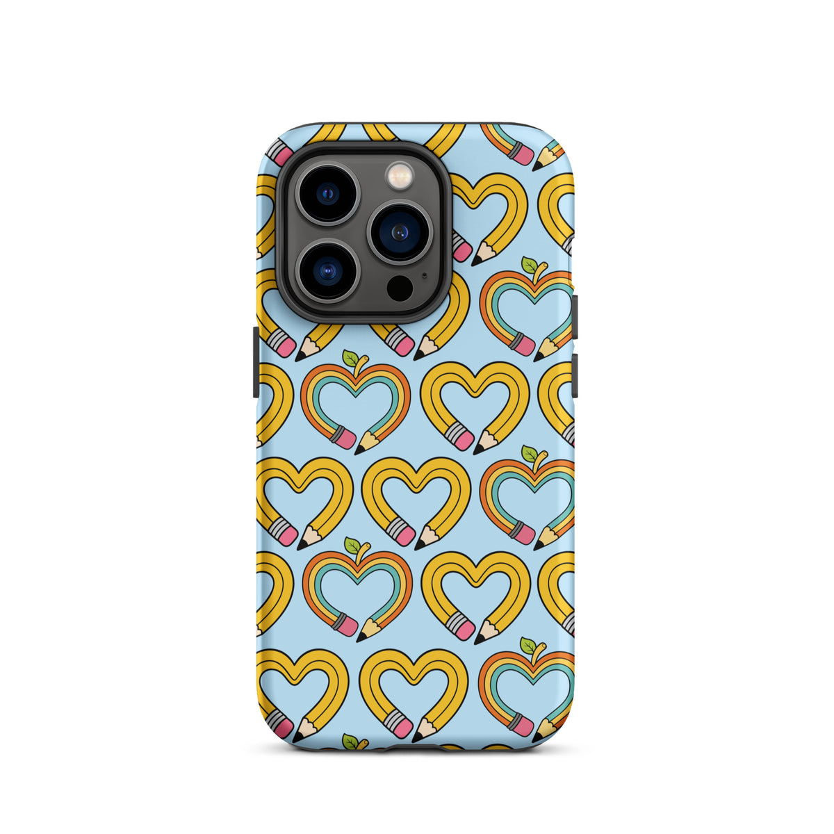 Phone Case with playful pencil-heart pattern design for iPhone, featuring whimsical hearts and green leaves symbolizing growth.