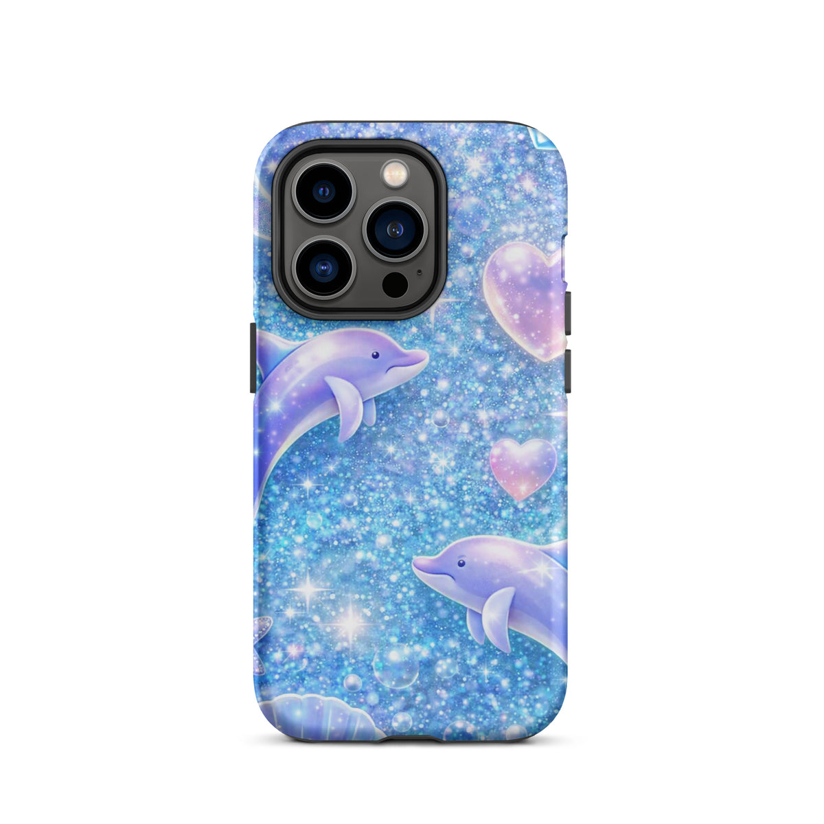 Phone Case for iPhone with ocean glitter, dolphins, and shell fantasy design.