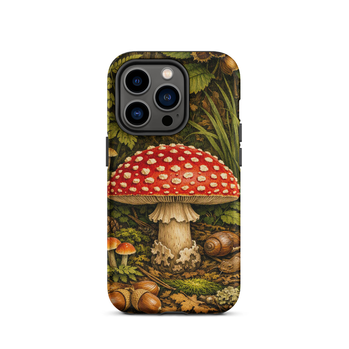 Phone Case for iPhone featuring Amanita Muscaria mushroom with vivid scarlet cap in a lush forest design.