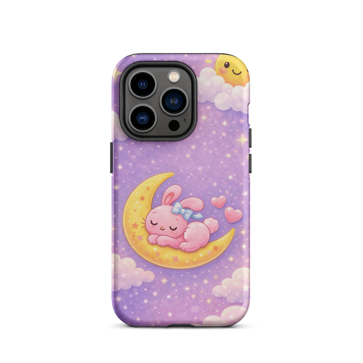 Phone Case with dreamy bunny on crescent moon design for iPhone, featuring pink bunny, stars, and pastel sky for a cozy, cute look.