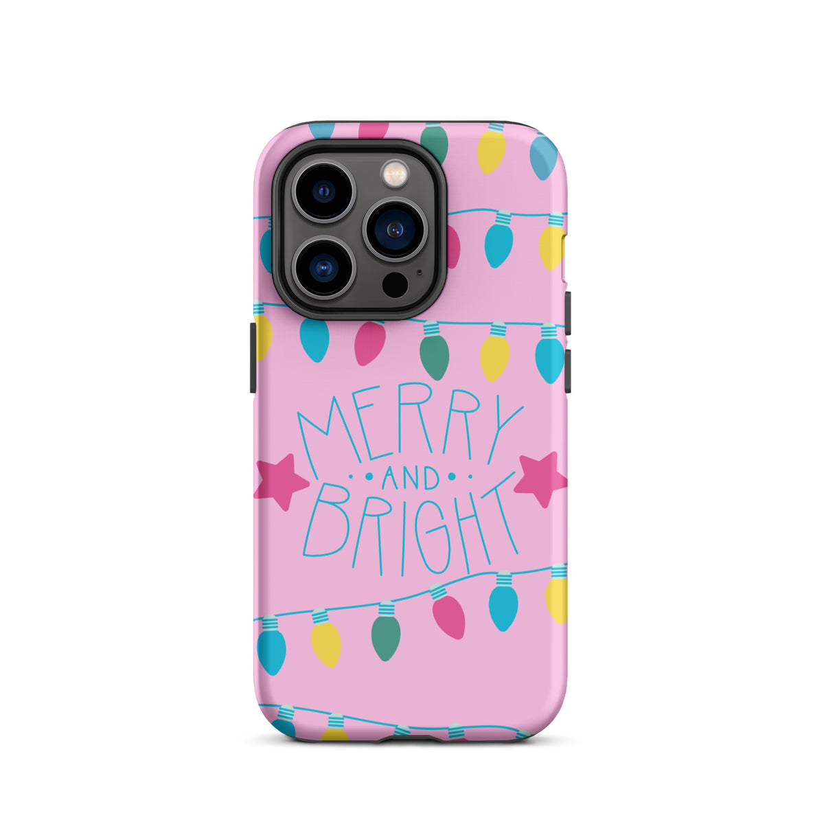 Phone Case for iPhone with Merry and Bright holiday lights design on pink background, featuring colorful bulbs and stars.
