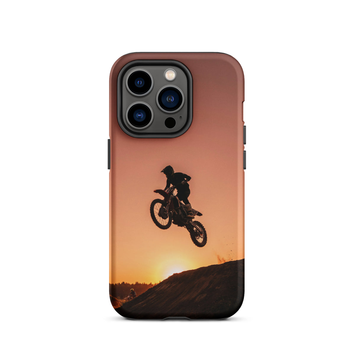 Phone Case featuring motocross design with sunset dirt bike jump, ideal for sport enthusiasts.