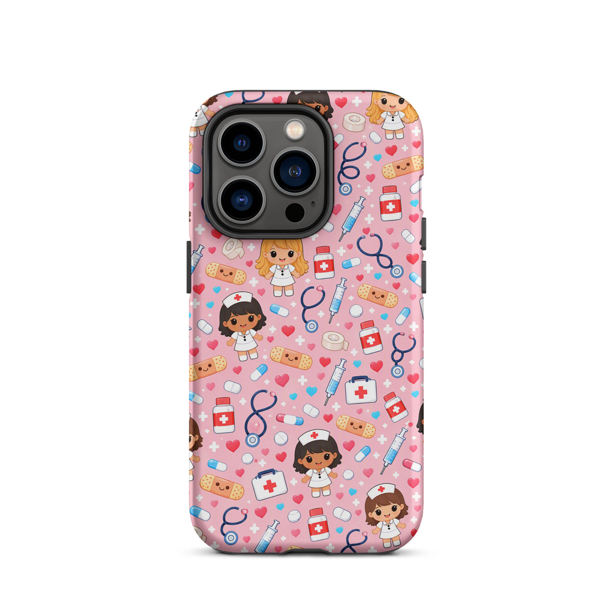 Phone Case for iPhone featuring cute kawaii nurse and medical pattern on a pink background with healthcare-themed illustrations.