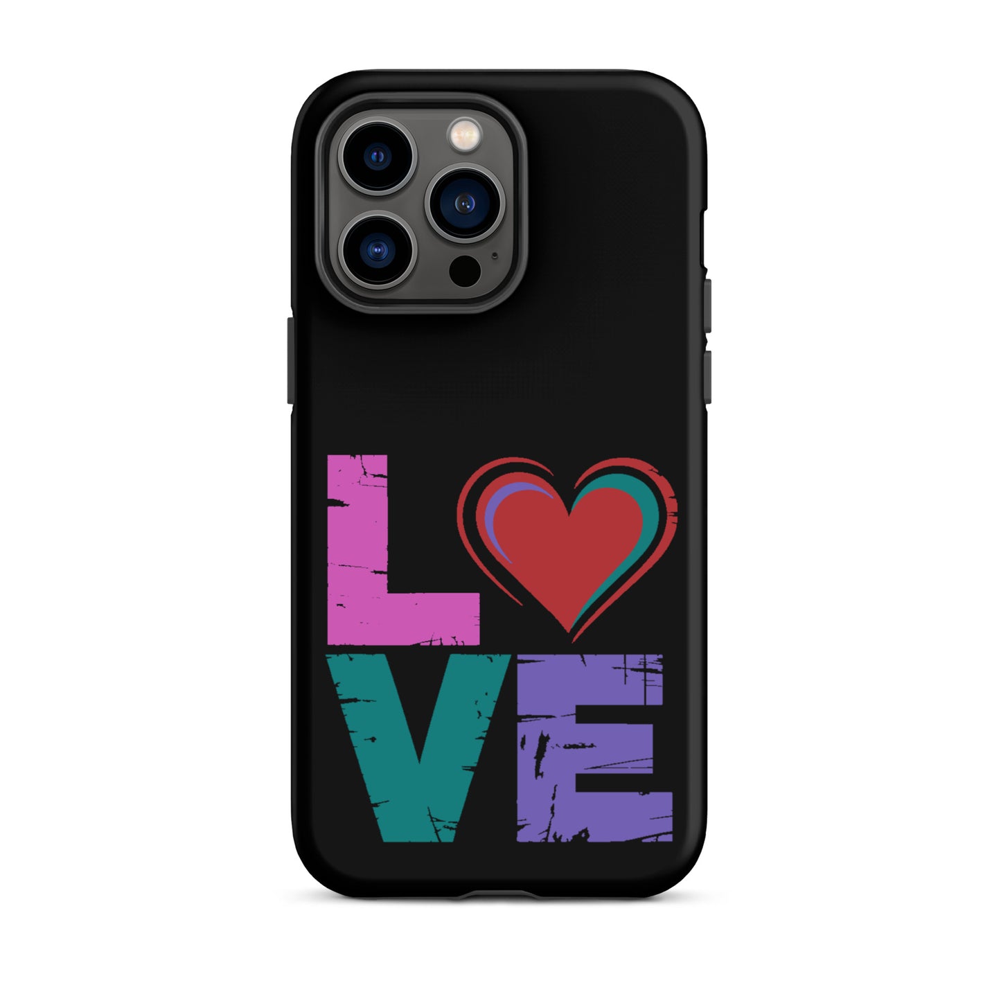 Love Tough Dual Layered Case for iPhones featuring colorful lettering and a heart design on a black background.