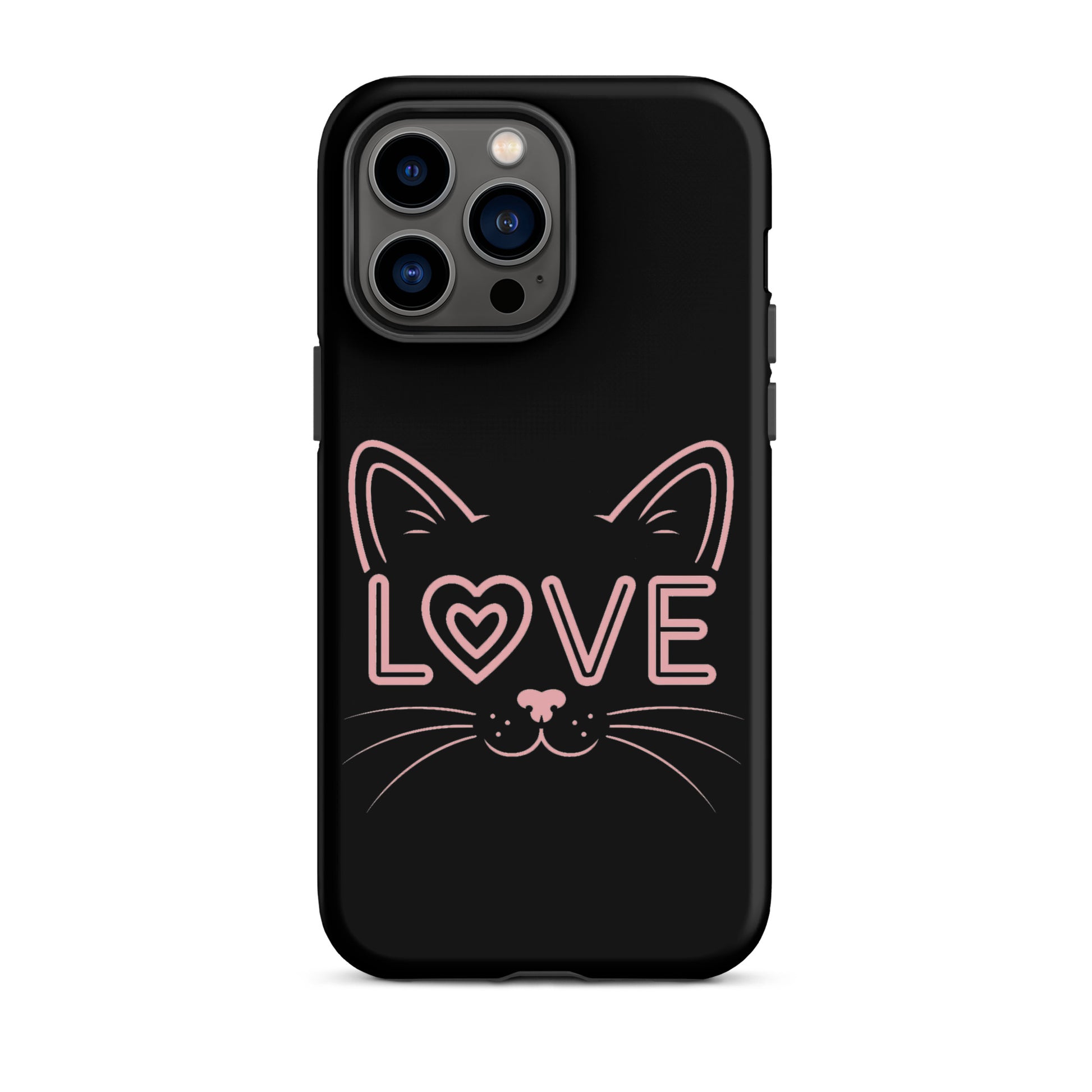 Cat Love Phone Case featuring a minimalist cat face design with the word 'LOVE' in pink.