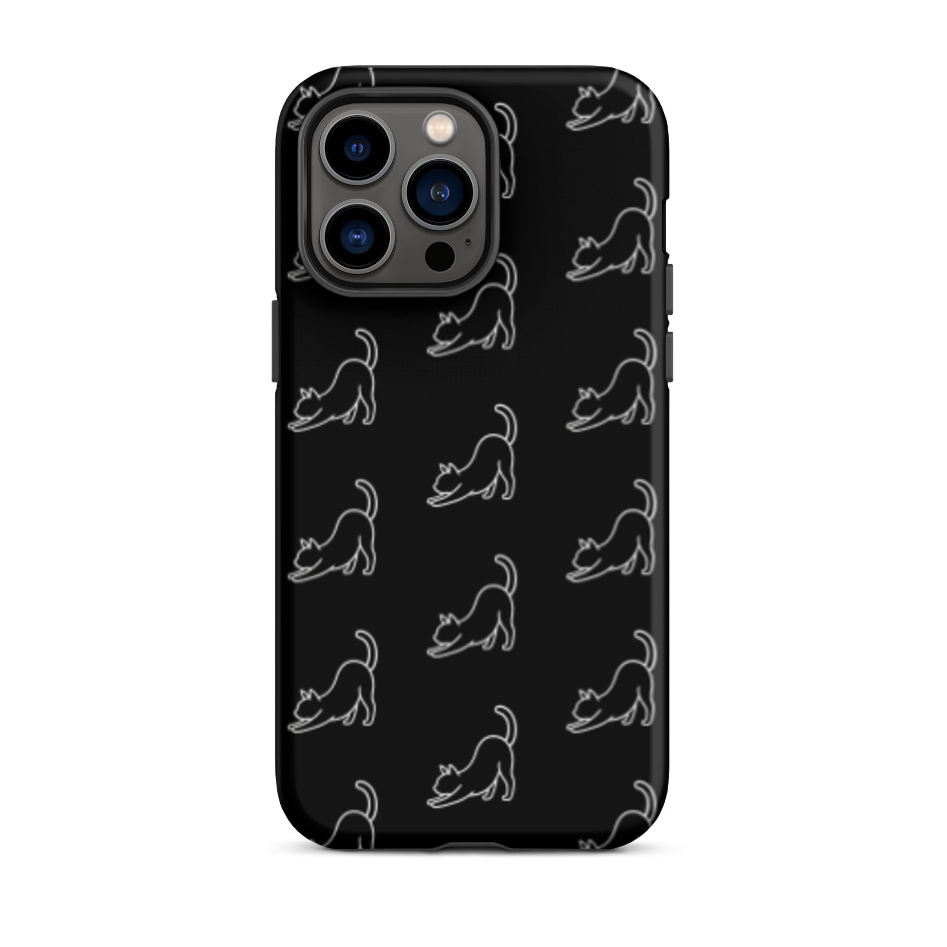 Phone Case for iPhone featuring a minimalist stretching cat pattern on a black background.