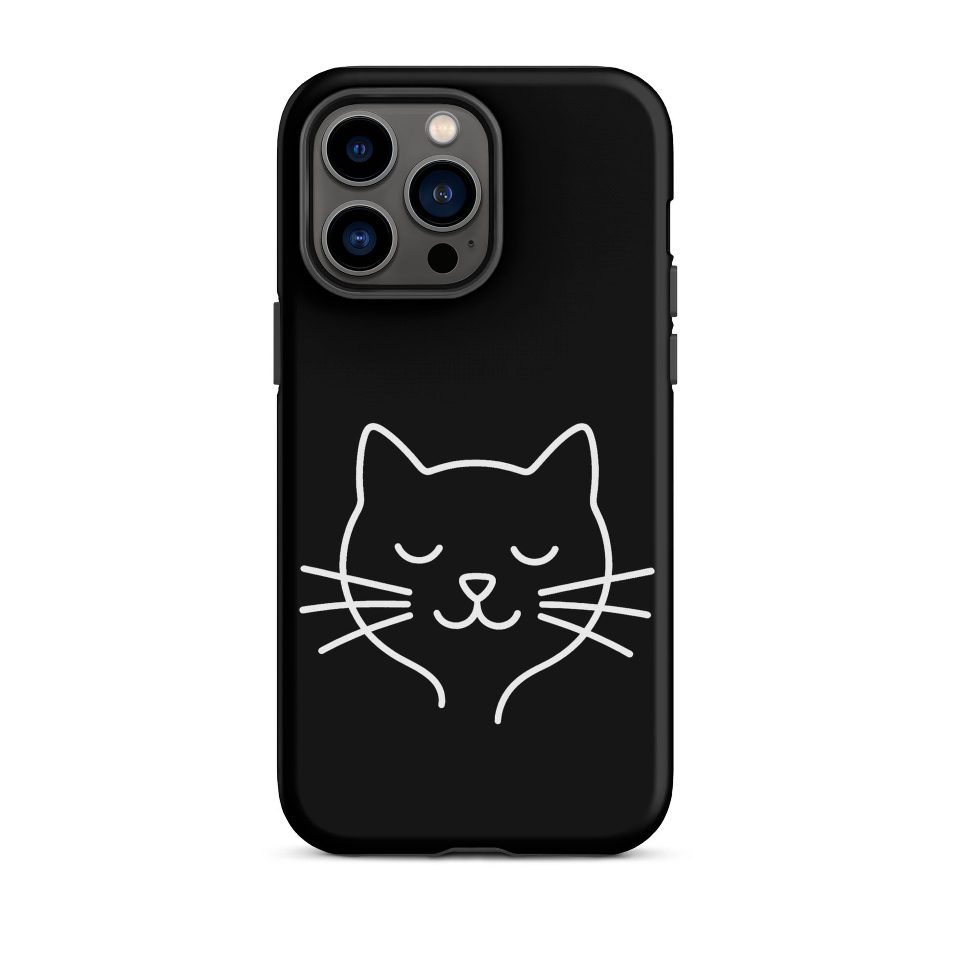 Phone Case for iPhone featuring cute minimalist cat line art design in white on a black background.
