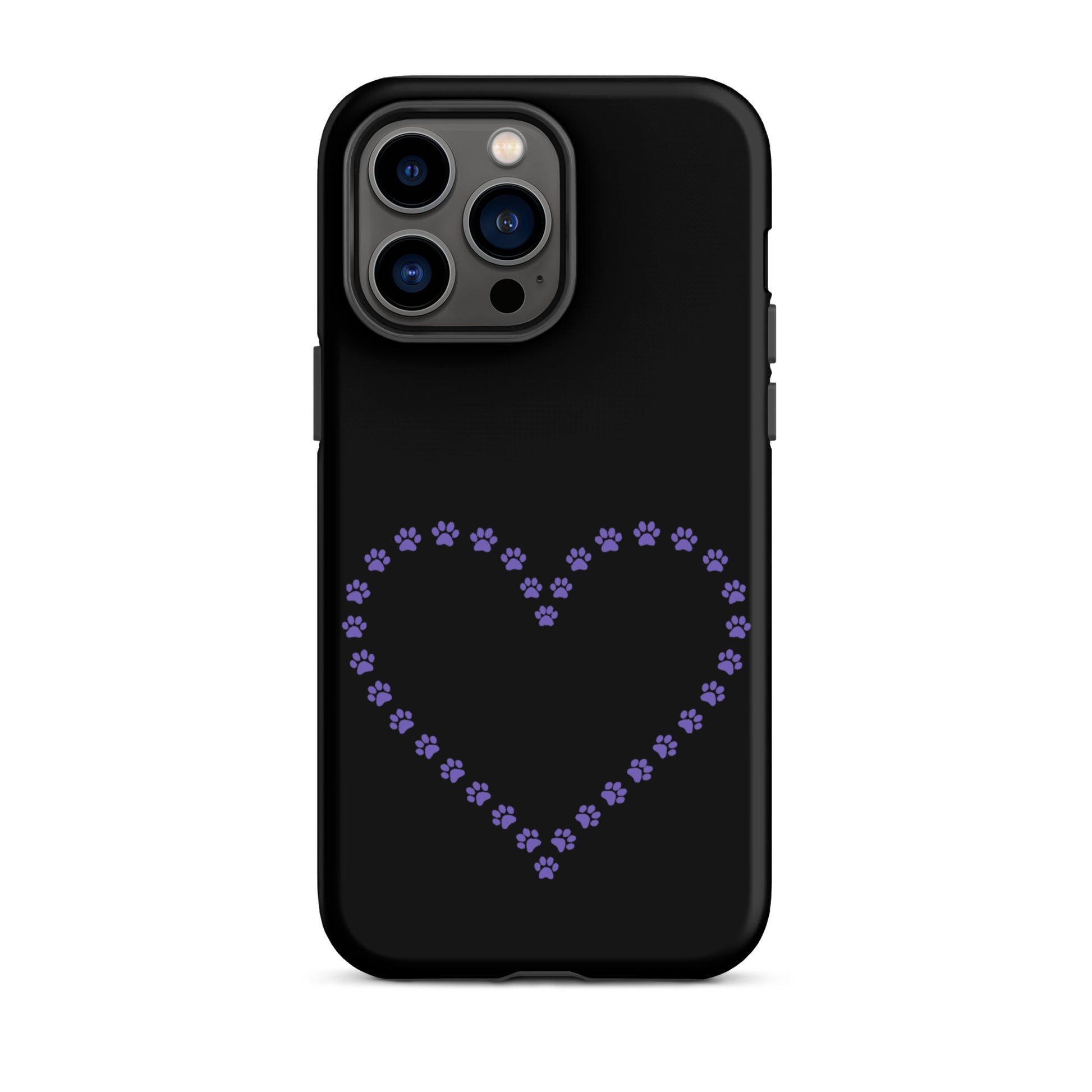 Phone Case for iPhone with cute paw print heart design for pet lovers on a black background.