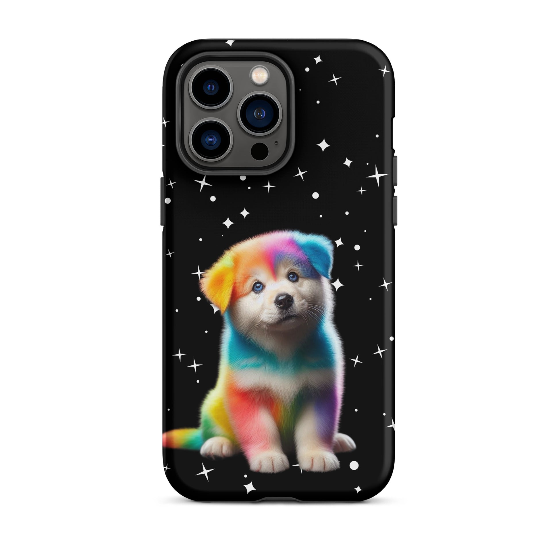 Phone Case for iPhone featuring a rainbow puppy design against a starry night background.
