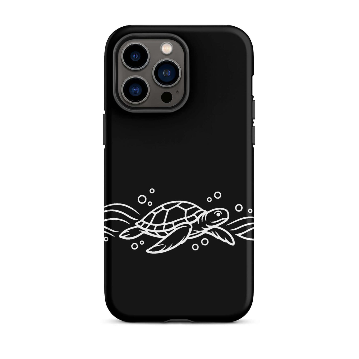 Phone Case for iPhone featuring minimalist sea turtle and abstract waves design on a black background.
