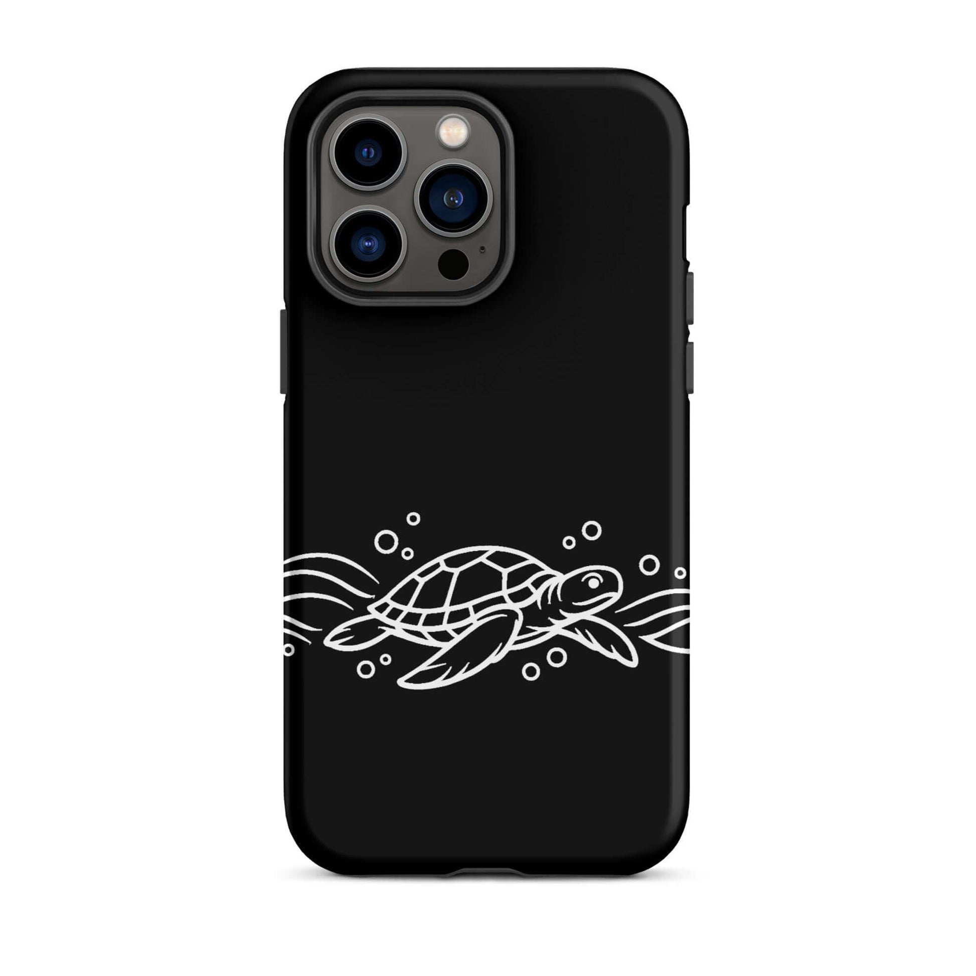 Phone Case for iPhone featuring minimalist sea turtle and abstract waves design on a black background.