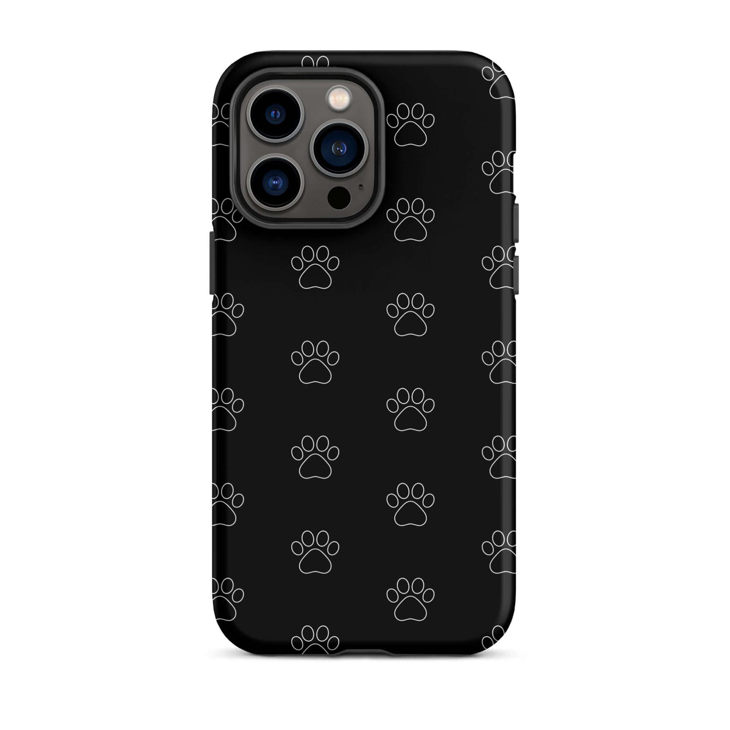 Phone Case for iPhone featuring playful paw print pattern on a black background.