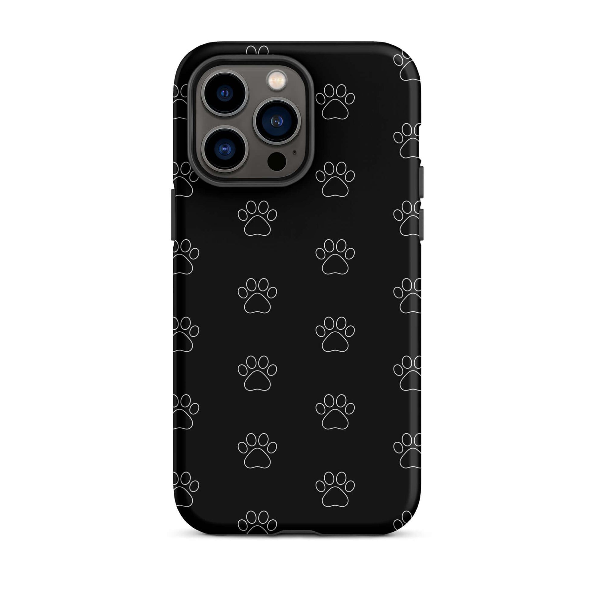 Phone Case for iPhone featuring playful paw print pattern on a black background.