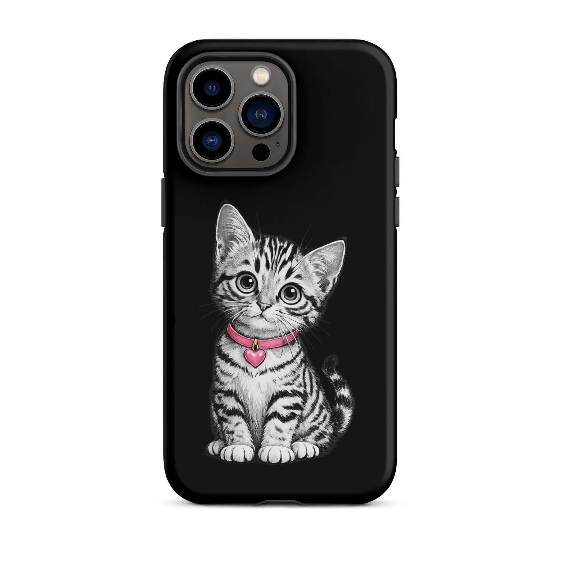 Phone Case for iPhone with pencil sketch kitten and pink heart charm