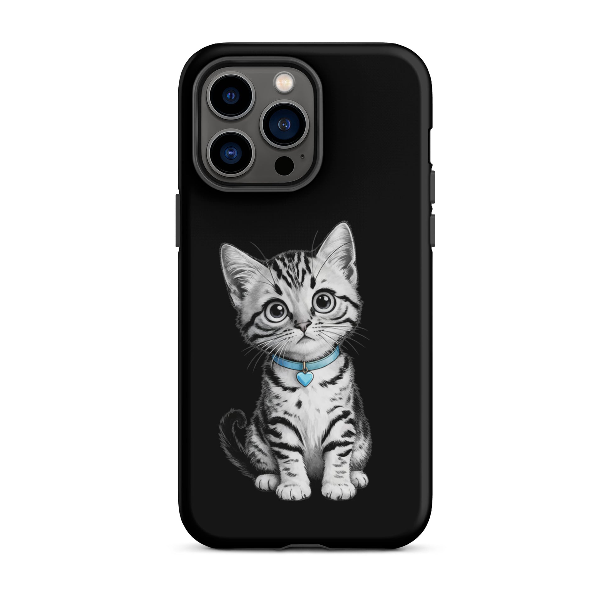 Phone Case for iPhone with kitten sketch and blue heart charm, features protective black-and-white design with artistic cat illustration.