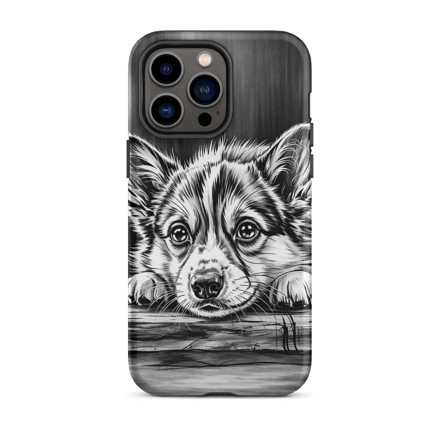 Phone Case for iPhone featuring elegant puppy art on aged wood in monochrome, offering artistic charm and premium protection.