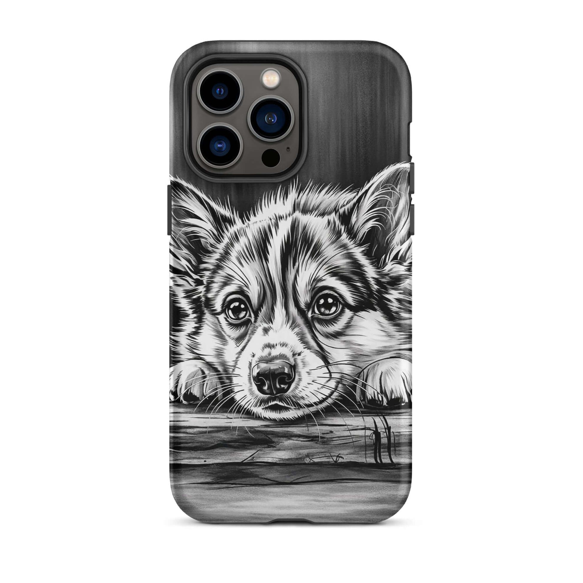 Phone Case for iPhone featuring elegant puppy art on aged wood in monochrome, offering artistic charm and premium protection.