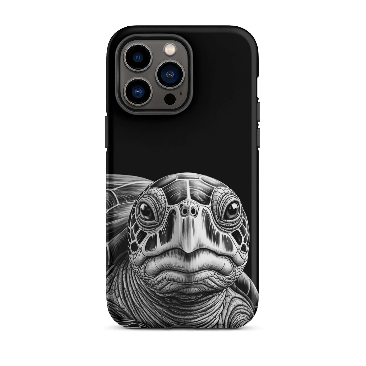 Phone Case for iPhone featuring ancient sea turtle art with realistic black and white sketch, capturing intricate details and soulful gaze.