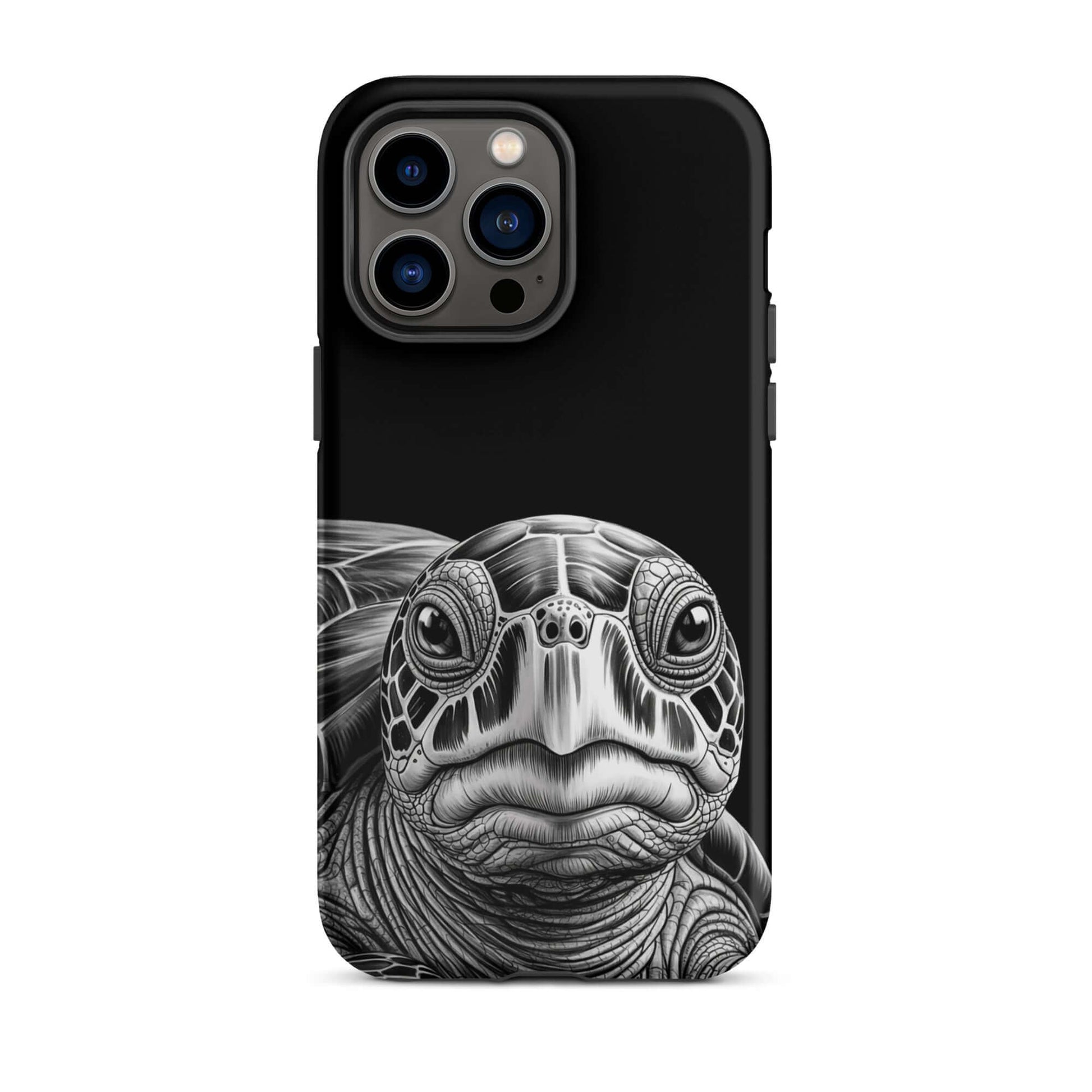 Phone Case for iPhone featuring ancient sea turtle art with realistic black and white sketch, capturing intricate details and soulful gaze.