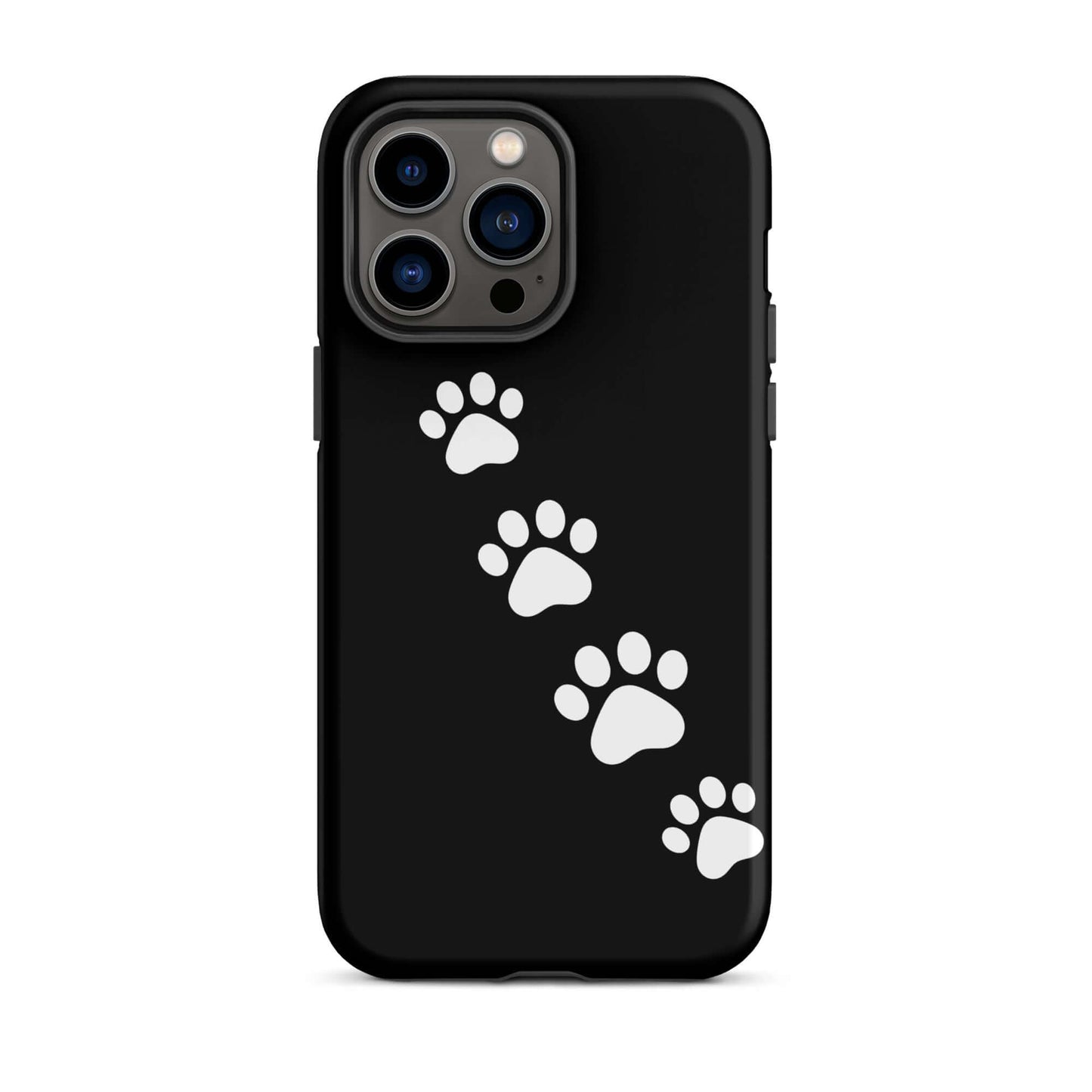 Phone case with white paw-print trail design on black background for pet lovers, iPhone accessory.