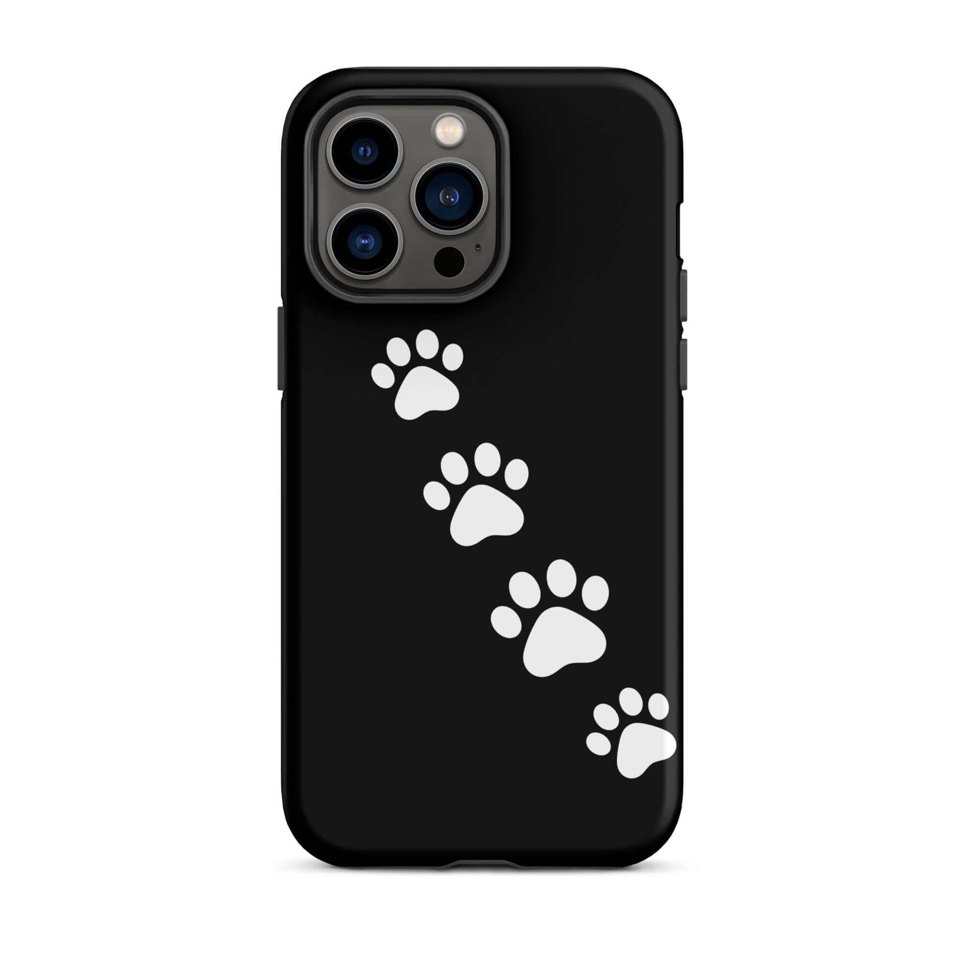 Phone case with white paw-print trail design on black background for pet lovers, iPhone accessory.