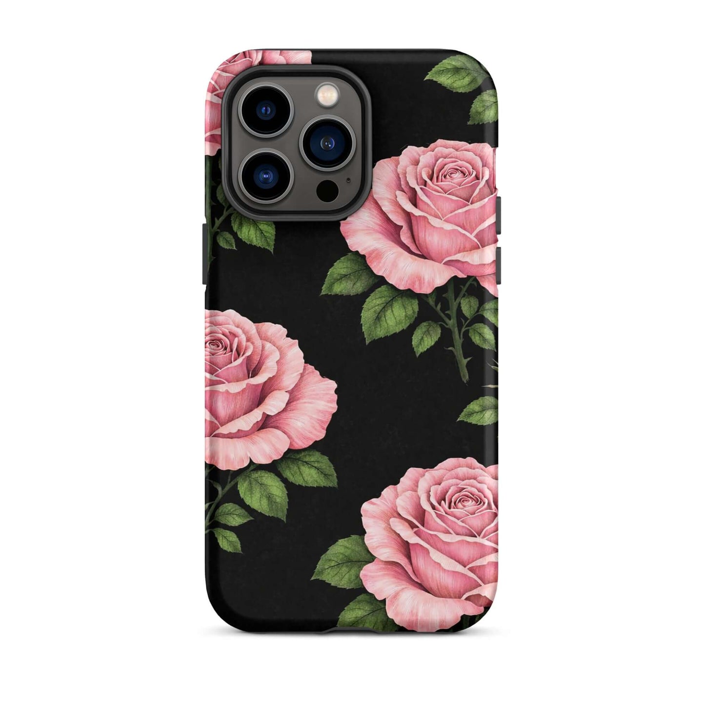 Phone Case for iPhone in Pink Rose Garden design with hand-sketched roses and green leaves on a black background for floral elegance.