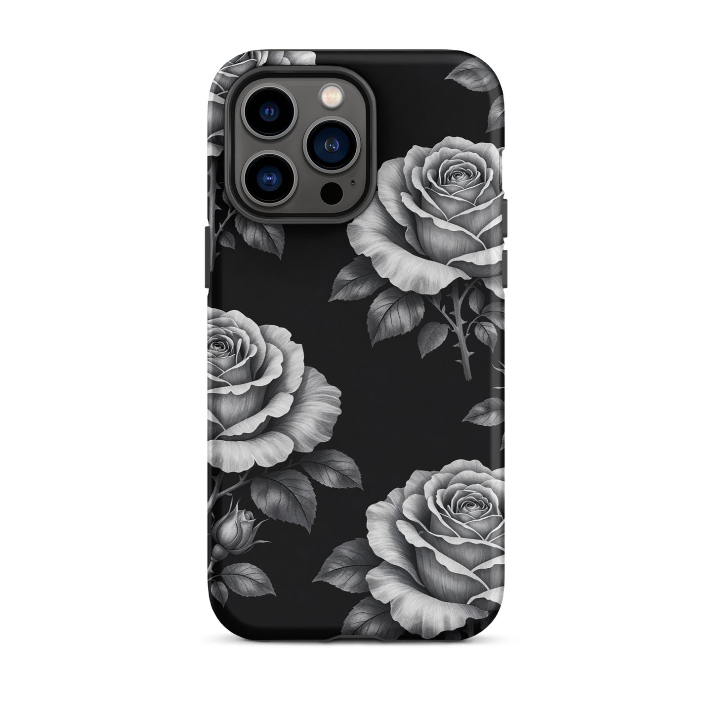 Phone Case for iPhone featuring pencil-sketch roses and leaves on a black background Rose Garden Tough Case design