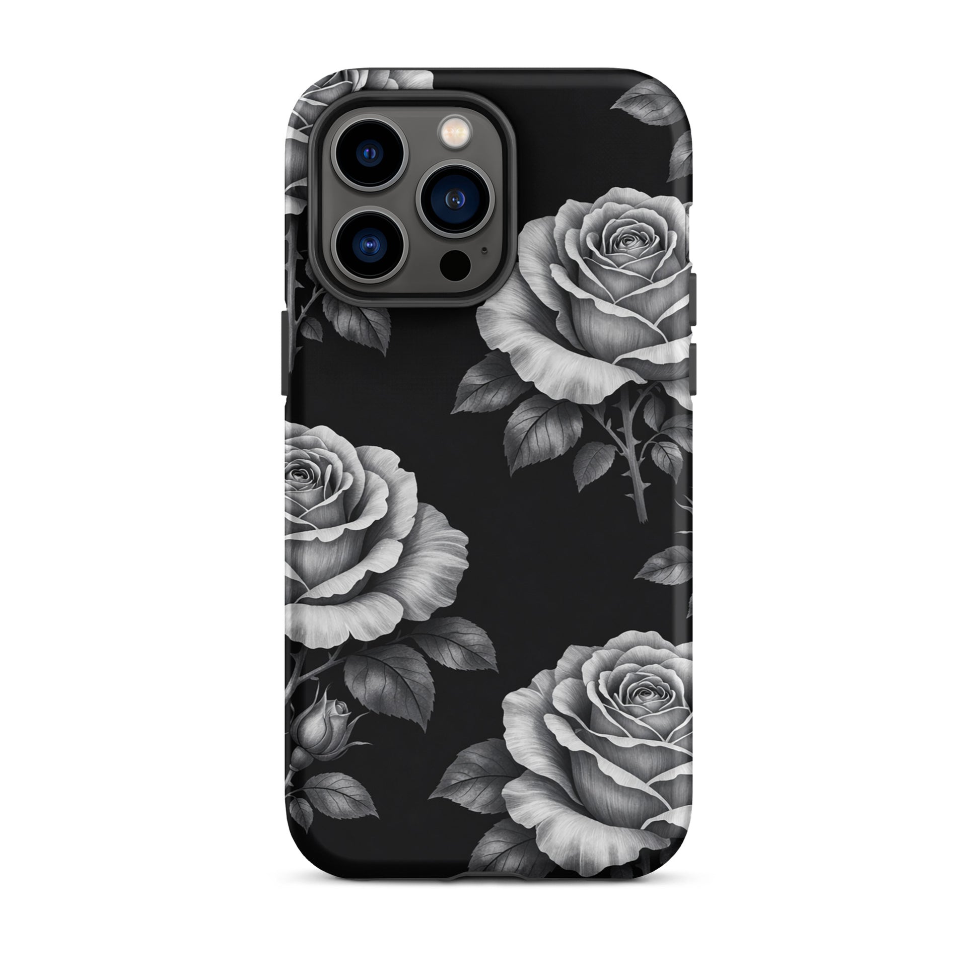 Phone Case for iPhone featuring pencil-sketch roses and leaves on a black background Rose Garden Tough Case design
