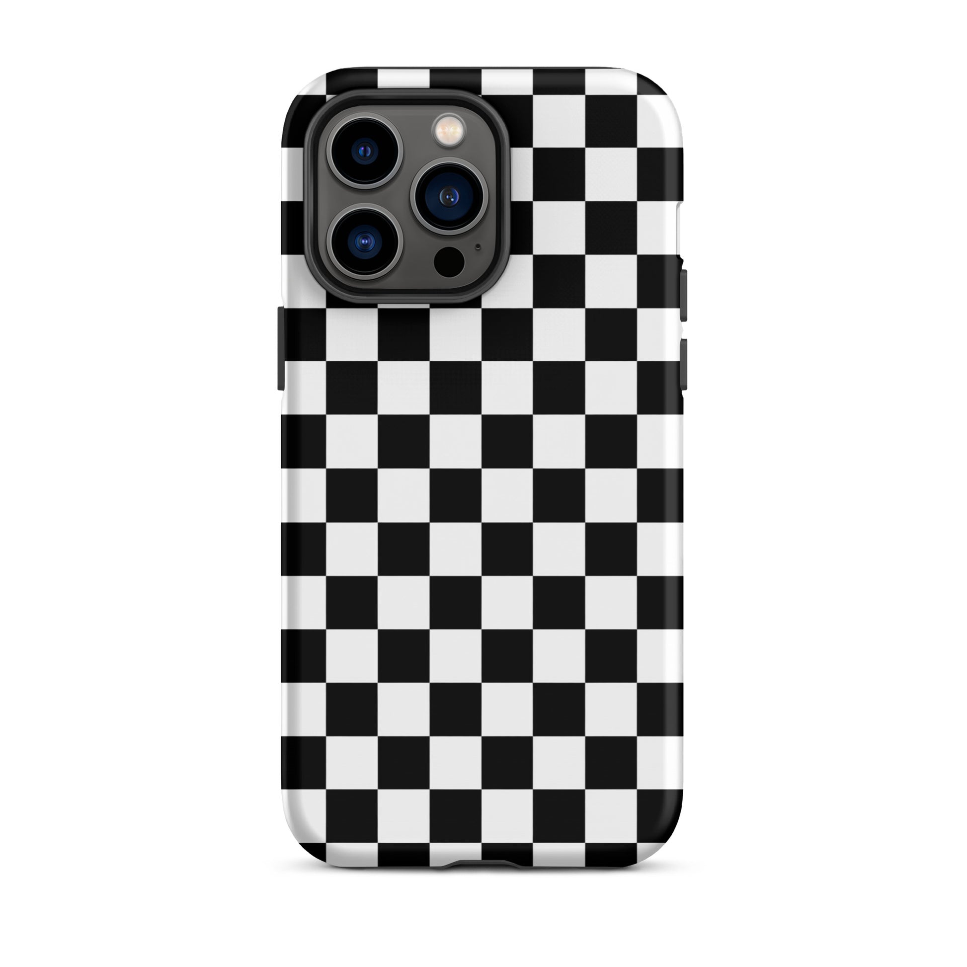 Bold checkered Phone Case for iPhone with black and white racing pattern, perfect for a stylish and tough look.