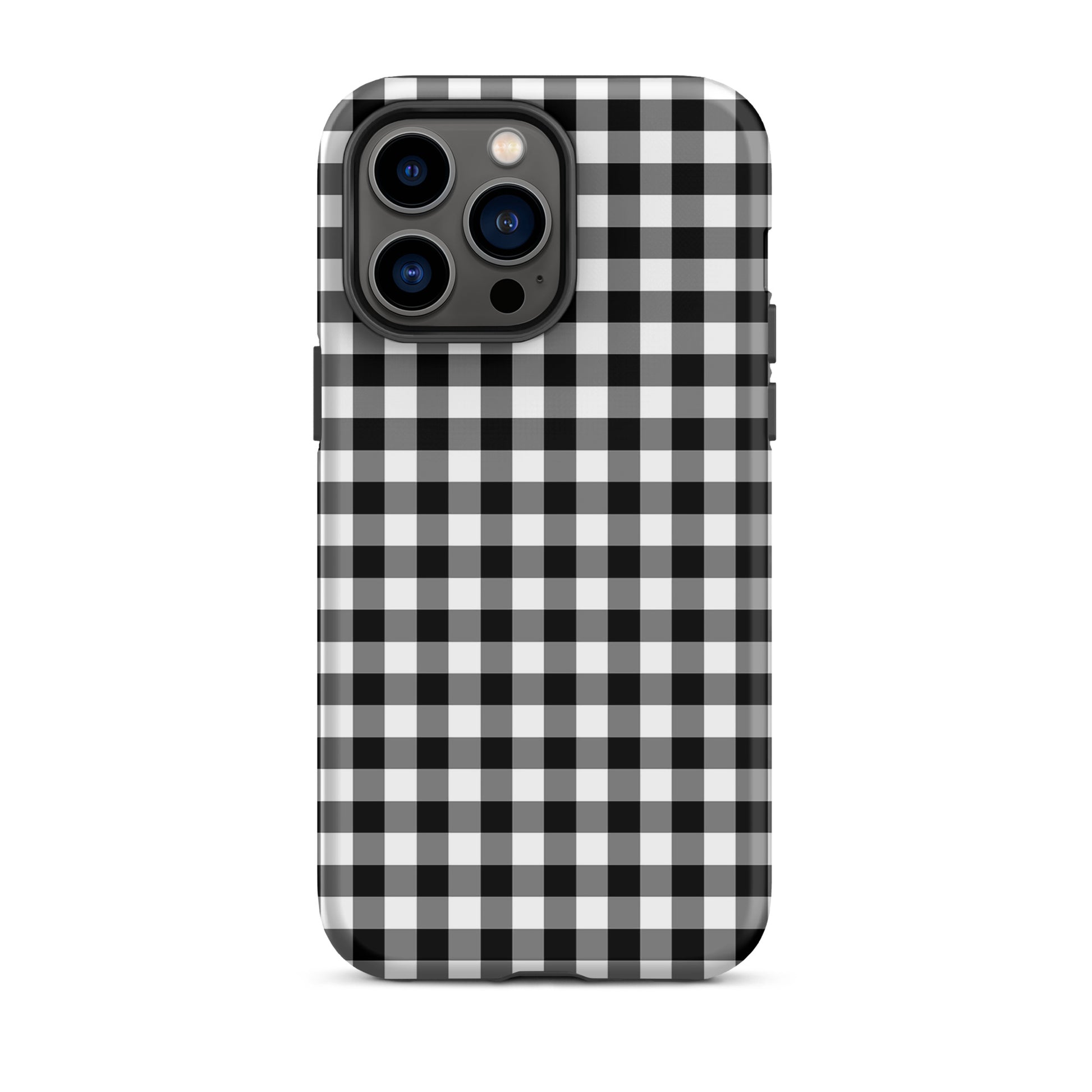 Phone Case for iPhone with black-and-white gingham pattern offering stylish protection and durability.