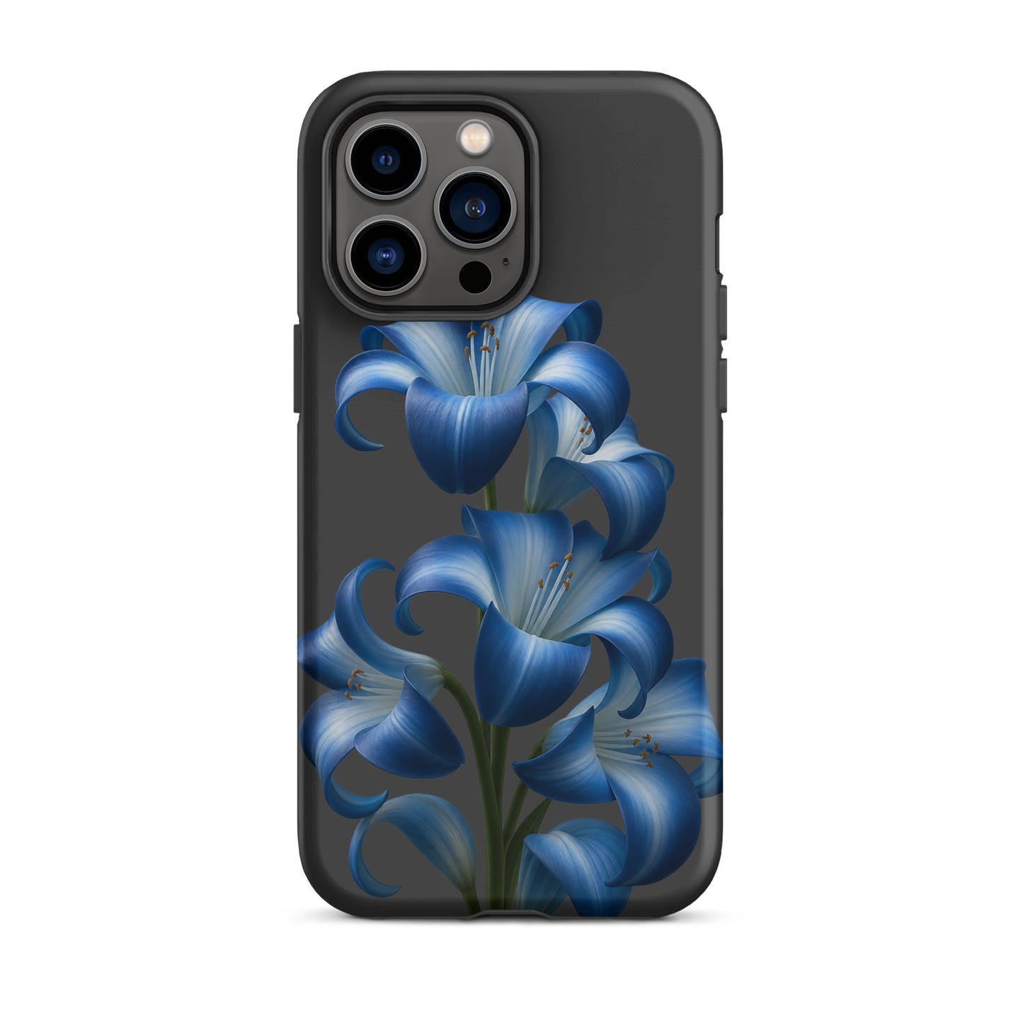 Phone Case for iPhone with blue lily bloom art on a tough dark background, showing vibrant floral design for style and protection.