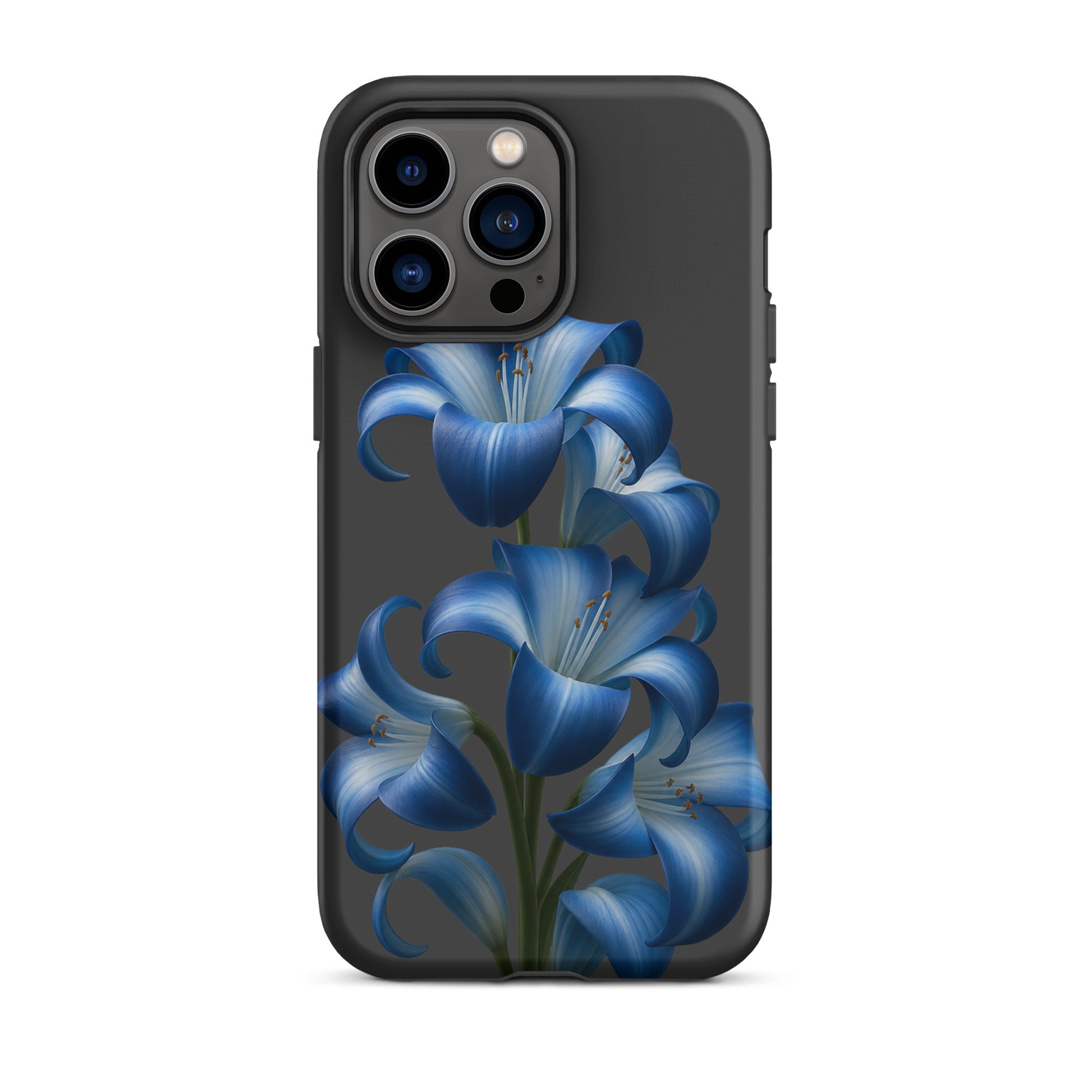 Phone Case for iPhone with blue lily bloom art on a tough dark background, showing vibrant floral design for style and protection.