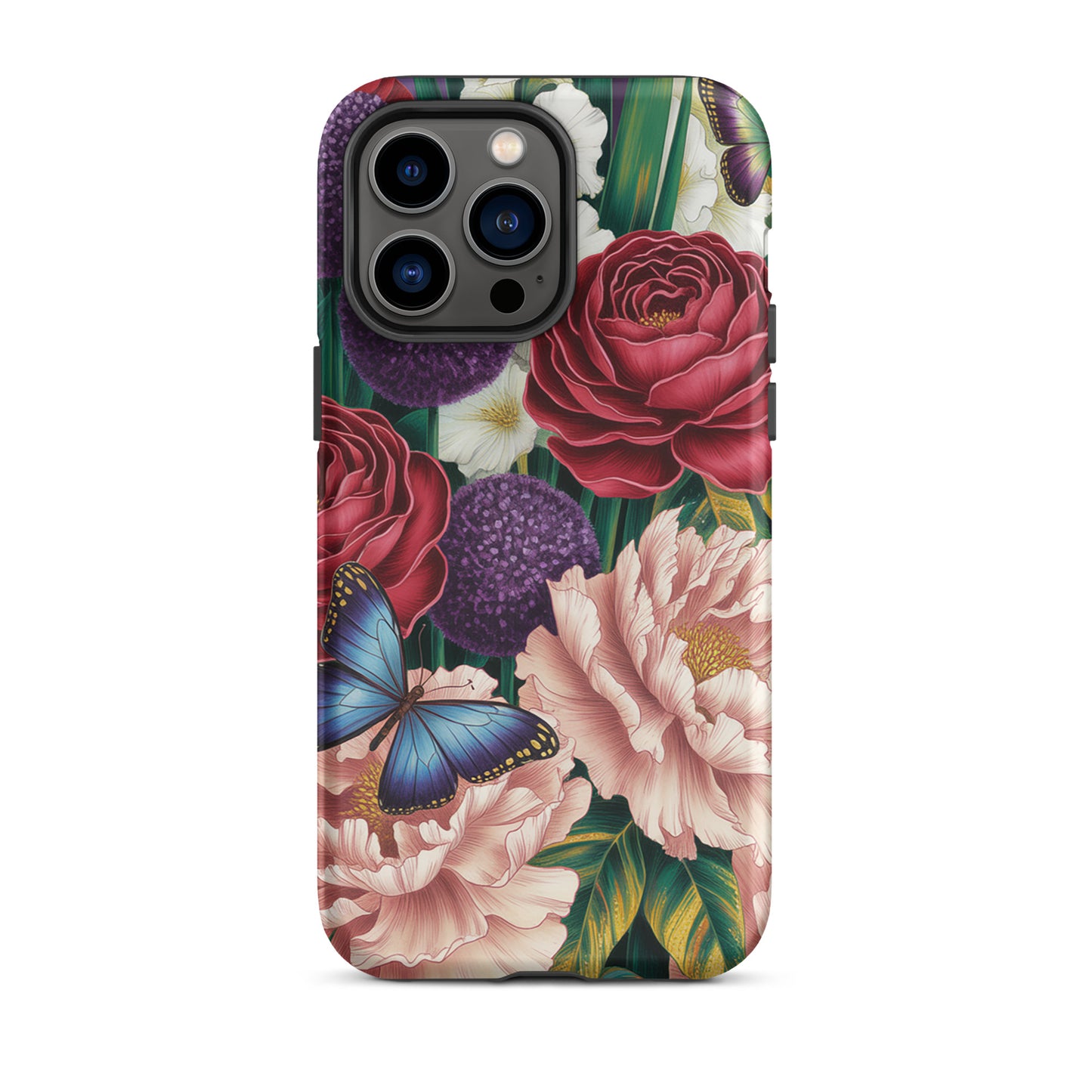 Phone Case for iPhone with botanical garden design, featuring crimson roses, pink peonies, purple alliums, and blue butterflies.