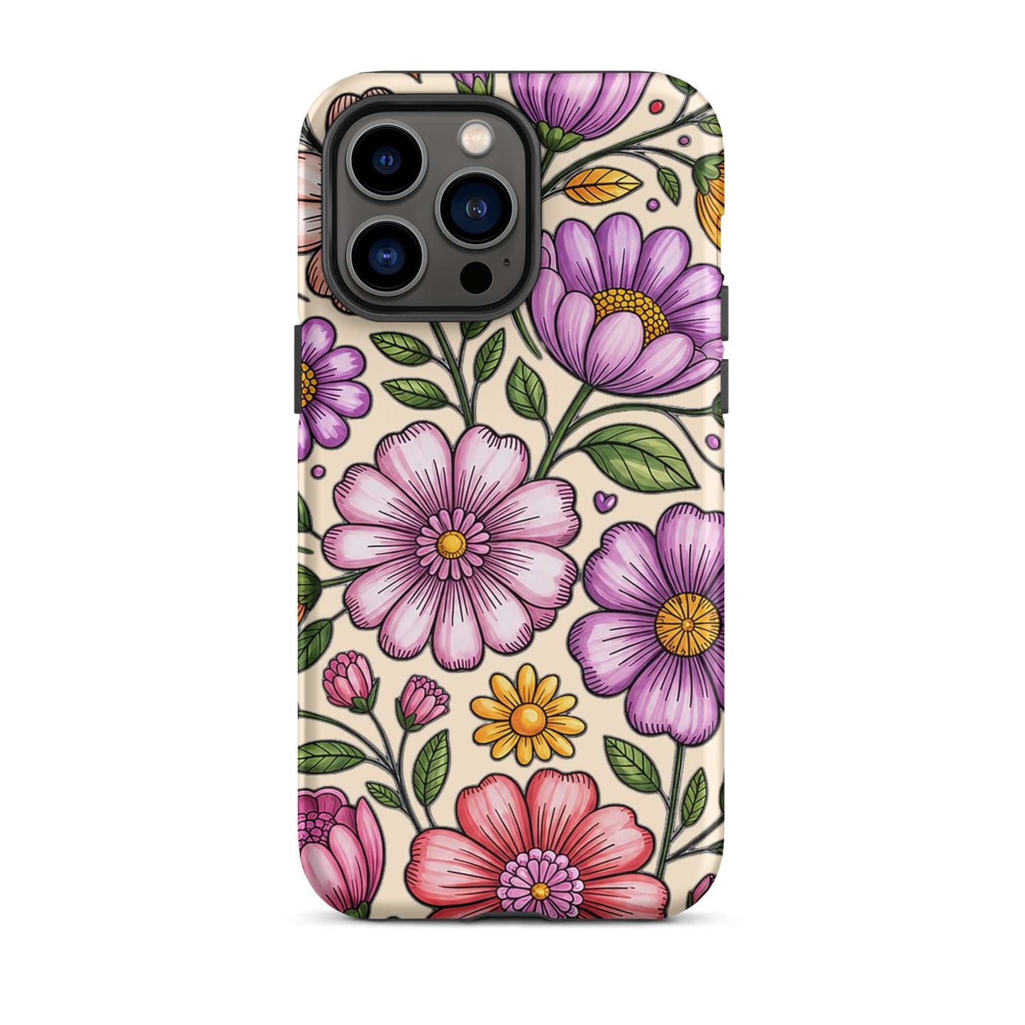 Phone Case for iPhone with pastel floral design featuring pink, lavender, and yellow flowers, elegant and durable dual-layer protection.