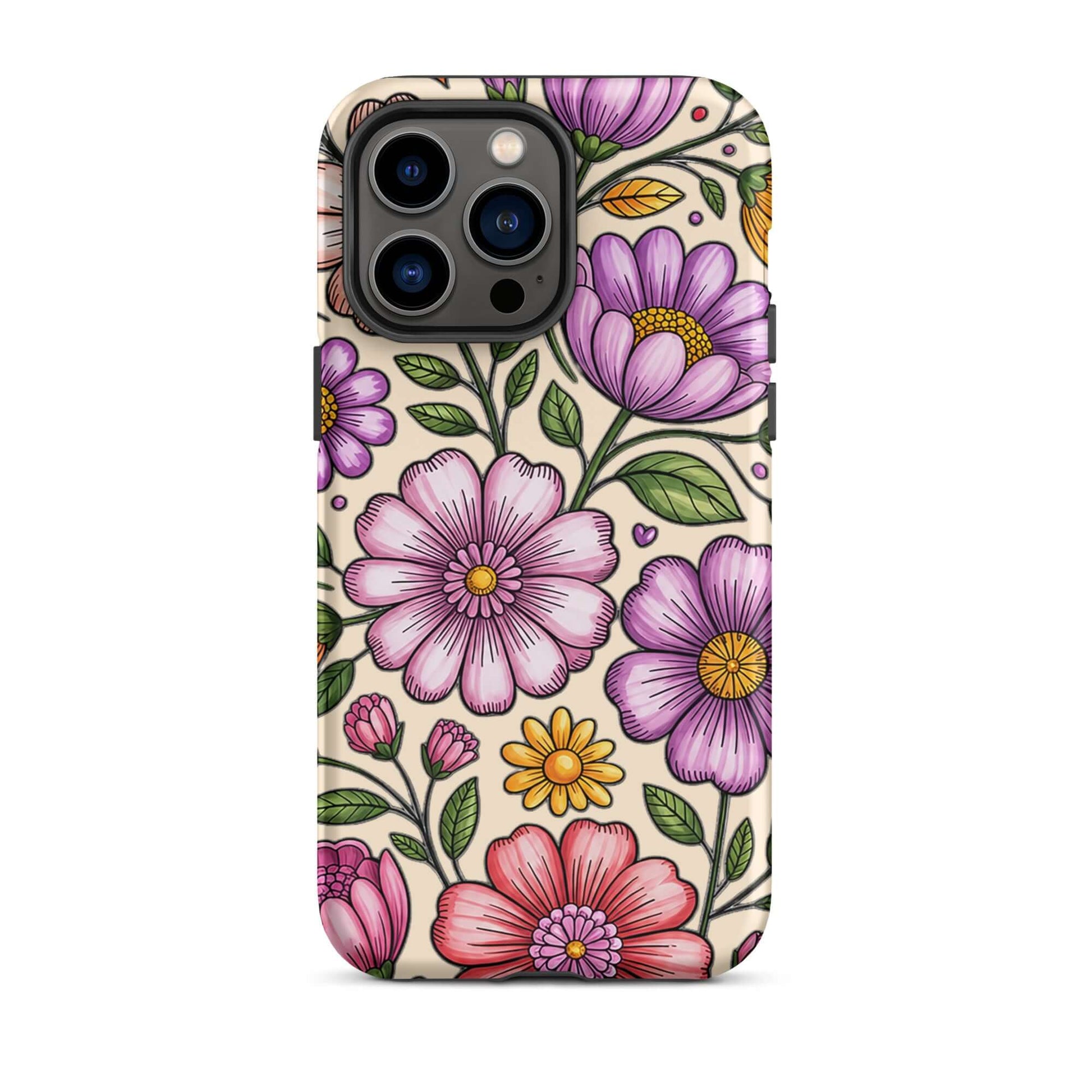 Phone Case for iPhone with pastel floral design featuring pink, lavender, and yellow flowers, elegant and durable dual-layer protection.
