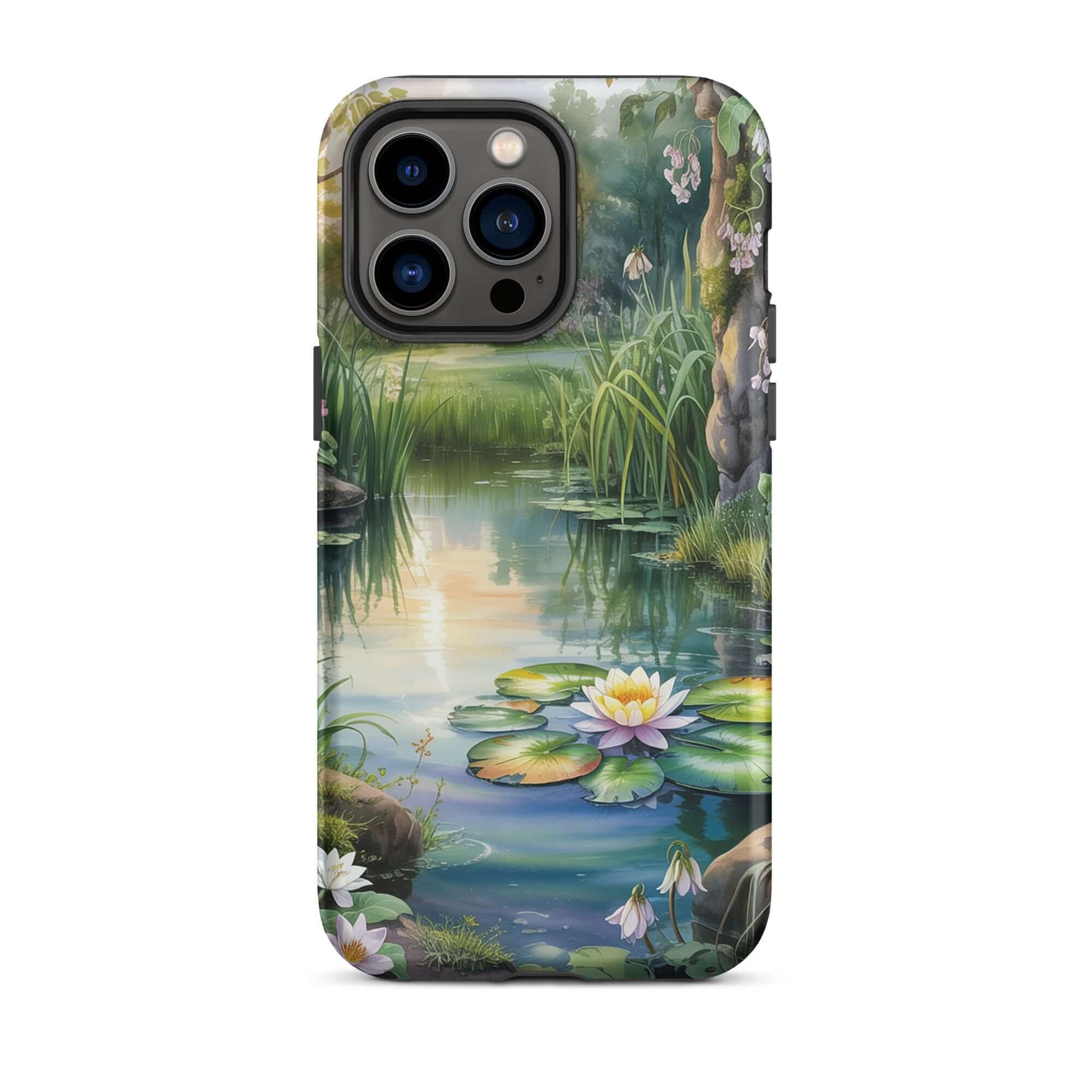 Enchanted Pond Phone Case for iPhone featuring a tranquil pond with lilies and sunset reflections, perfect blend of art and protection.